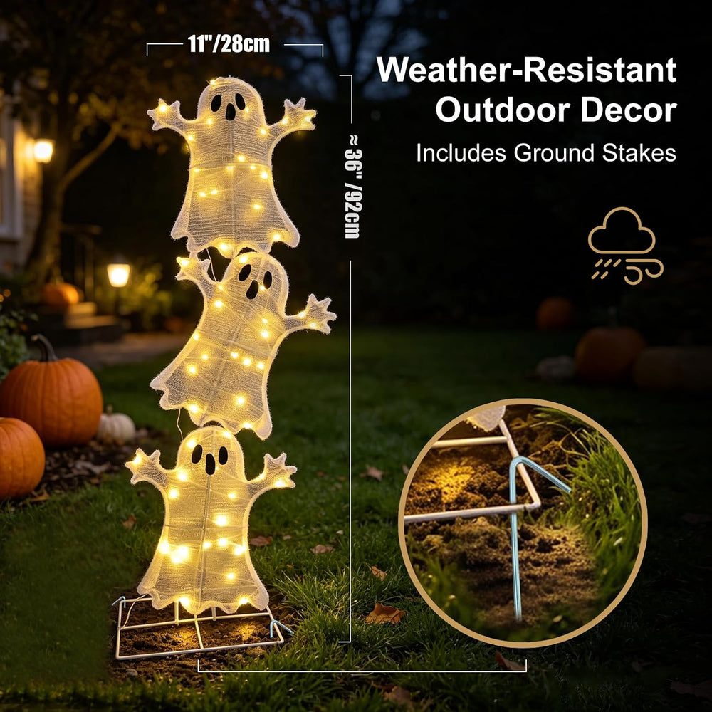 Halloween Decorations Lighted 3 Stacked Ghosts, Freestanding LED Ghost Yard S...
