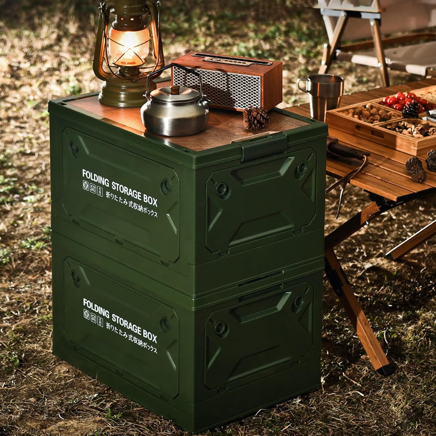 Tissting 30L 41cm/16.14in Collapsible Camping Storage Box with Wheels - 5-Side Opening Foldable Design for Outdoor Car Storage and Organization (Green)