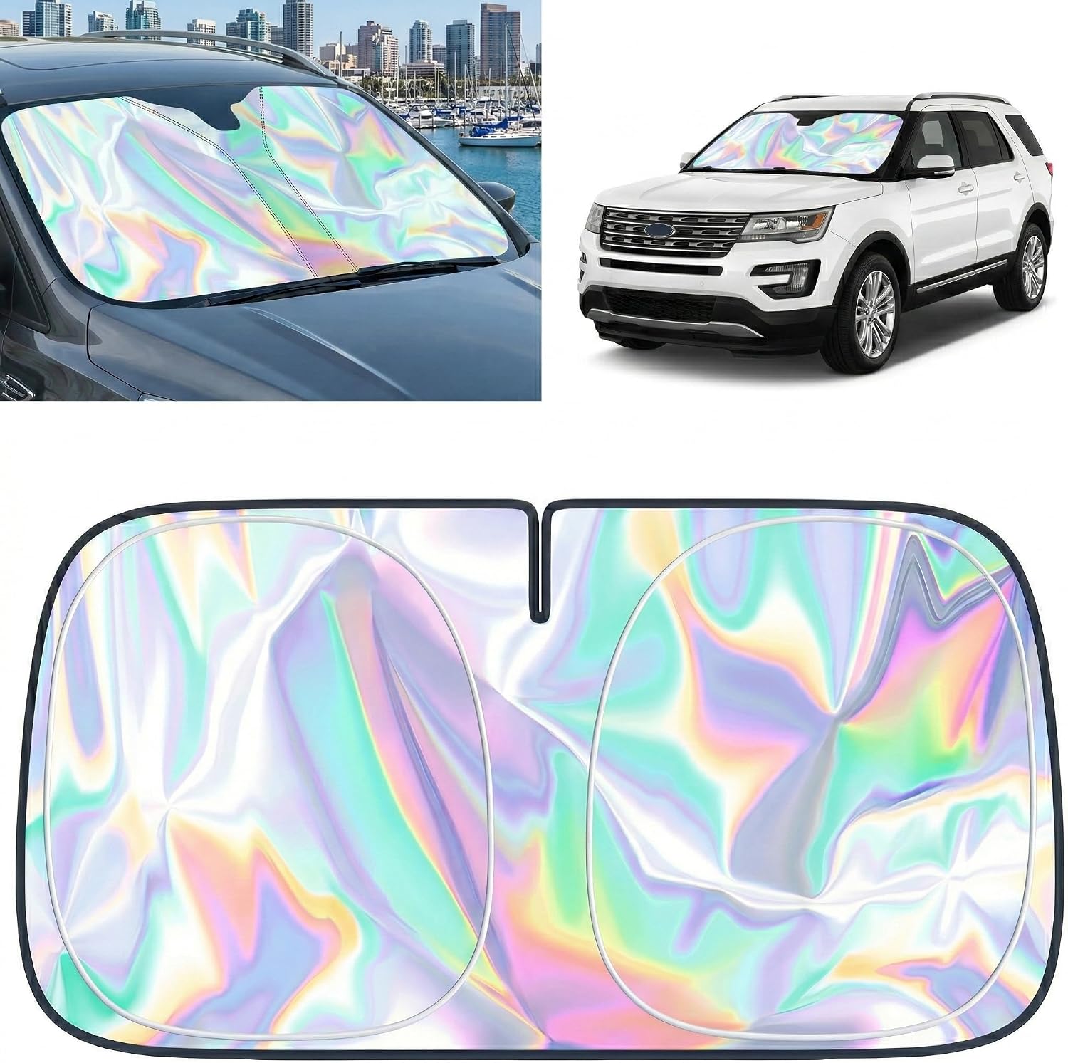 for Ford Explorer 2011-2026 Windshield Sun Shade - Foldable Windshield Cover Sun Shade for Explorer Accessories Protect Car from Sun Rays Overlapping UV Reflective Window Sunshade