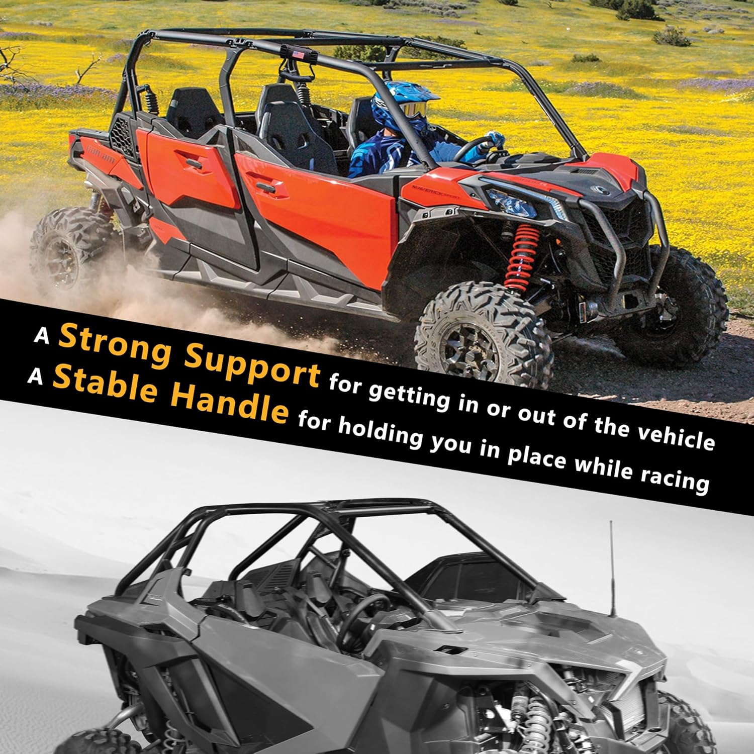 UTV ATV Roll Bar Grab Handles Grips Compatible with Polaris RZR Ranger Can Am Kawasaki Wildcat Pioneer Accessories 1.5” - 1.75” Roll Cage Hand Holds with US Flag, 2 Pack