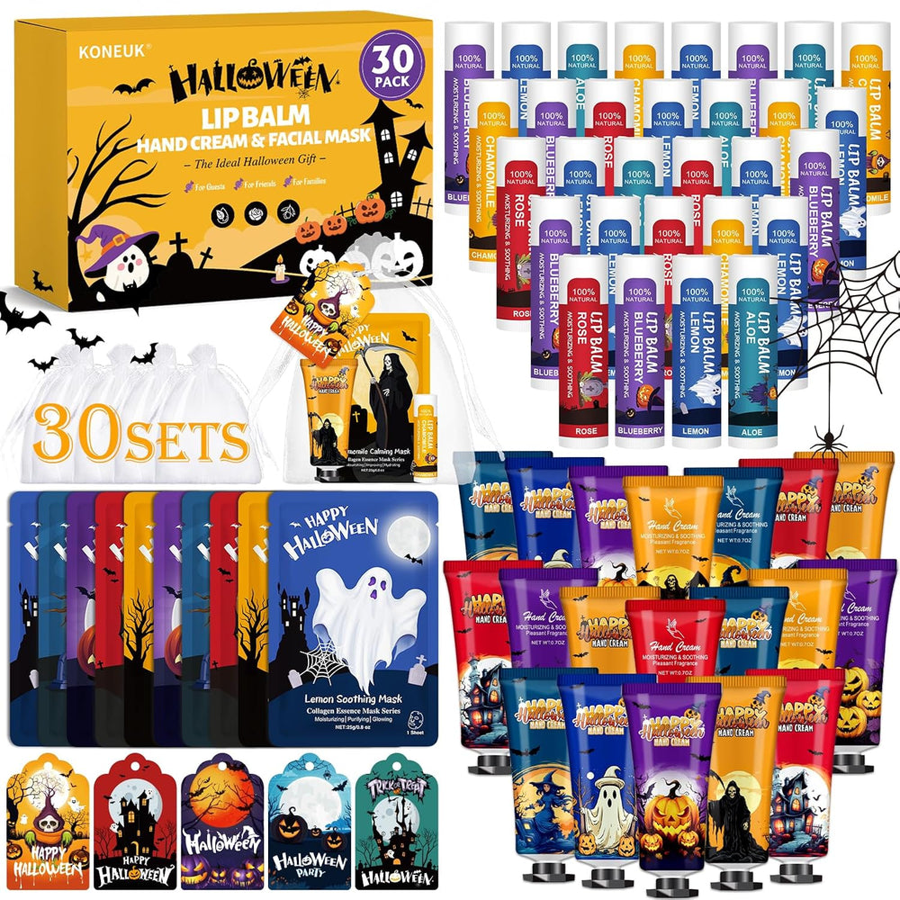 30 Pack Halloween Face Mask, Lip Balm & Hand Cream, Halloween Party Favors