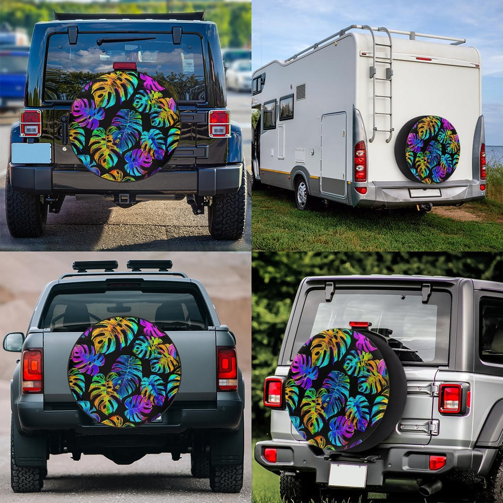 Spare Tire Cover Colorful Palm Leaves Wheel Covers Protectors Waterproof Dust-Proof Universal Fit Trailer, RV, SUV and Many Vehicle 17 Inch,A-827