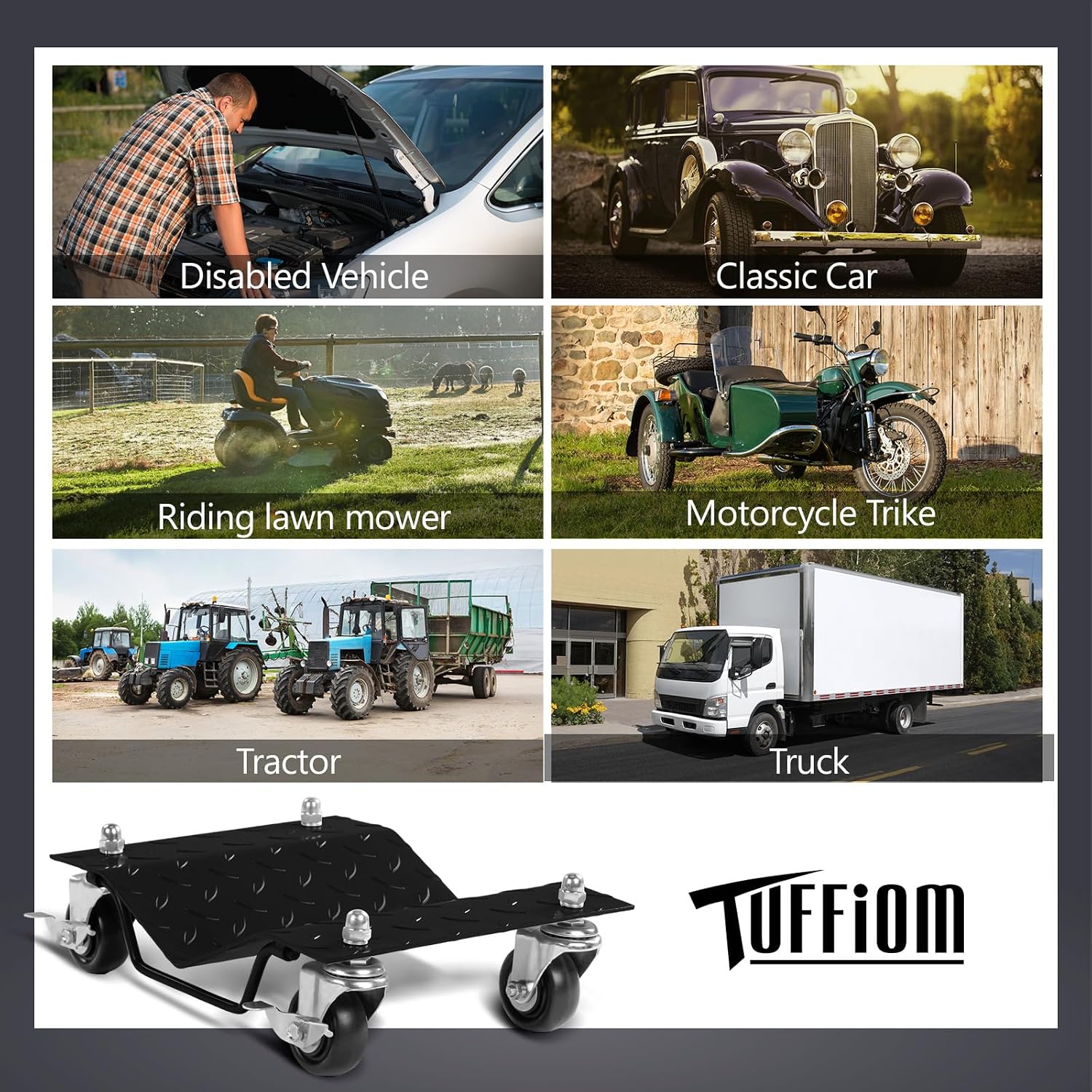 TUFFIOM Car Dolly Set of 4, 6000LBS Capacity Wheel Dollies, Heavy Duty Vehicle Dolly Upgraded, Steel Tire Skates with Brakes, Black