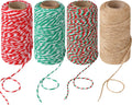 4 Rolls Natural Jute Twine, Red, Green & White - 70m/Roll