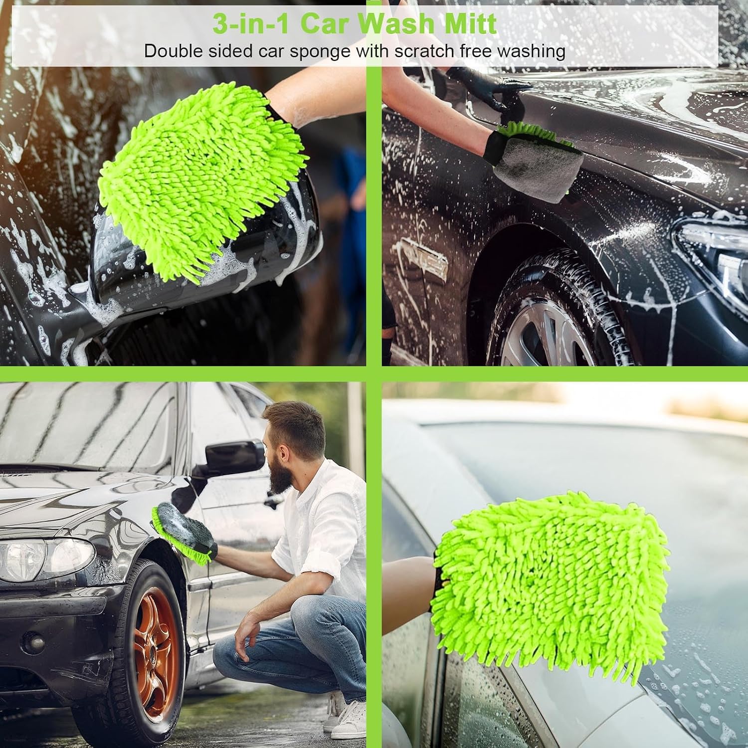 Collapsible Car Wash Bucket with Microfiber Mitt, 10L (2.6 Gallon) Portable Water Buckets with Handle for Car Wash Household Cleaning, Multiuse Collapsible Water Buckett and Car wash mitt - Green