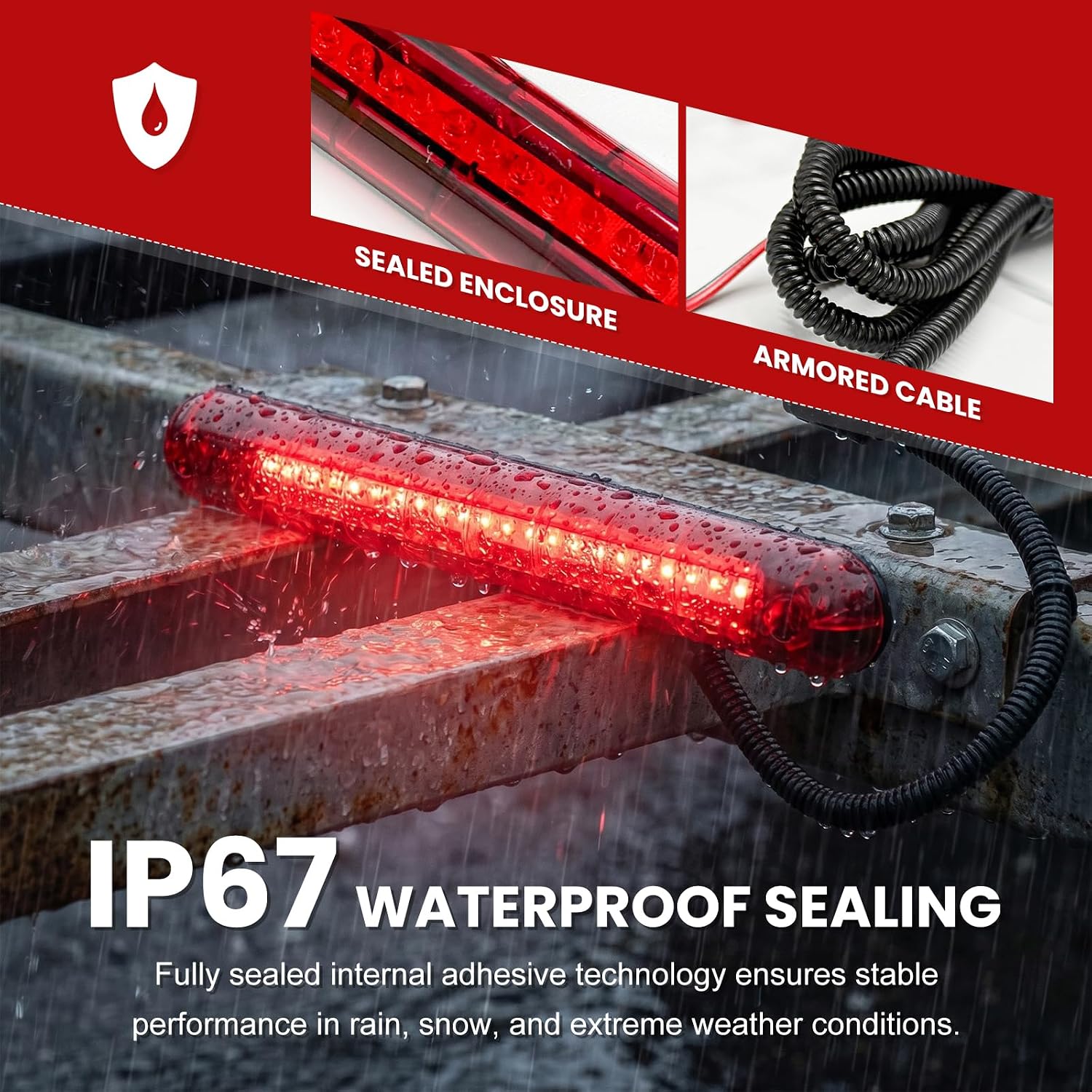 Third Brake Light, 12V Waterproof High Mount Vehicle Stop Lights Assembly with 24 LEDs, Heavy Duty 3rd Rear Braking Lamp Stop Tail Light for Most Cars Trucks SUVs