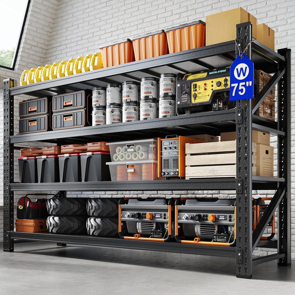 Yizosh 75" W Metal Garage Storage Shelves, 8000LBS Heavy Duty 4-Shelf