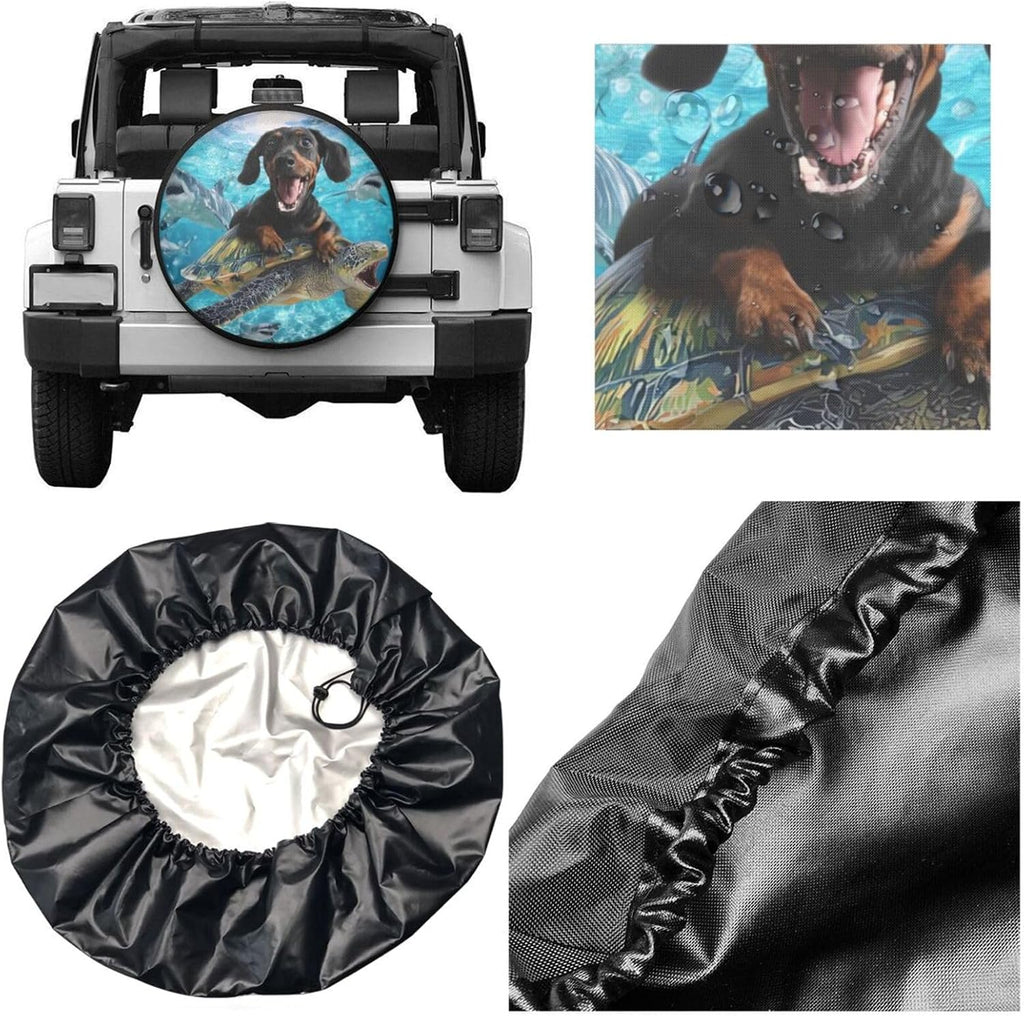 Black Dachshund with Turtle Spare Tire Cover Universal for Rv Suvs Trucks Camper Travel Trailers, Funny Waterproof Polyester Wheel Protector Covers,15 inch