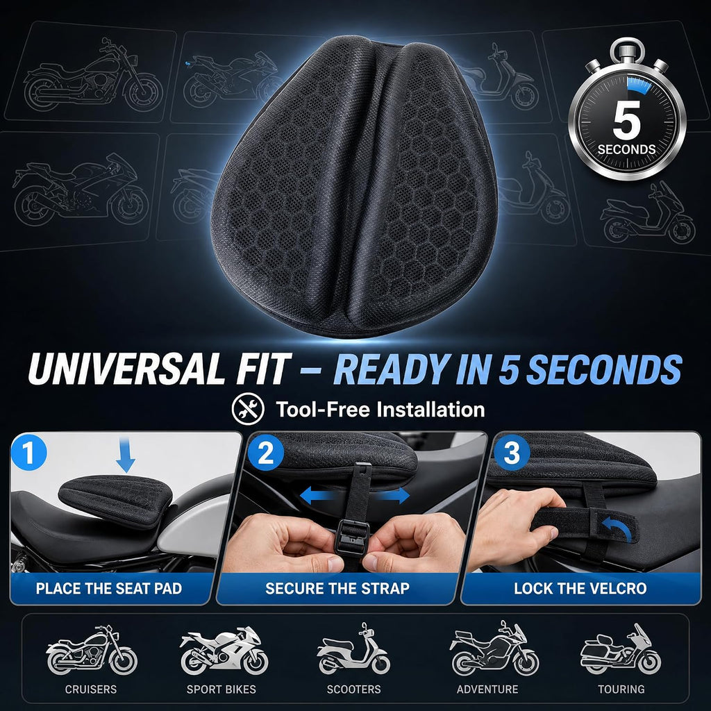 Hexrider Motorcycle Seat Cushion, 3D Honeycomb Cooling Gel Pad for Long Rides, Universal Non-Slip Shock Absorbing Seat Cover for Motorcycle Accessories, Foldable Breathable Cushion for Rider 1
