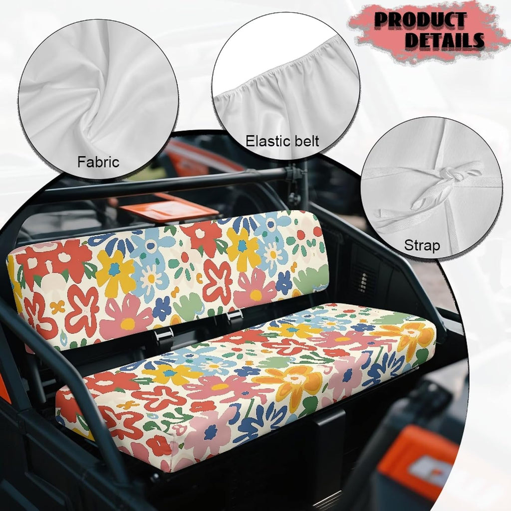 Hippie Flower Pattern UTV Seat Cover Compatible with Kawasaki Mule 4000 4010 3000 3010 3020 Heavy Duty Waterproof Elastic Soft UTV Accessories Seat Cover