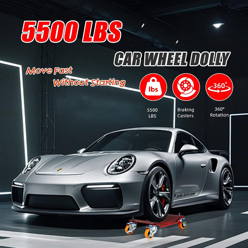 Steel Tire Wheel Dolly Set of 4 with Anti-Skid Plate, 360° Swivel Casters, Red, 5500 lbs Capacity