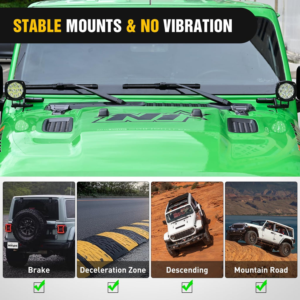 Nilight Light Mounting Bracket Hood Cowl Mount Brackets for Front A-Pillar Auxiliary Offroad LED Work Pods Lights on Jeep Wrangler JL JLU Gladiator JT 2018 2019 2020 2021 2022 2023 2024 2025, Black