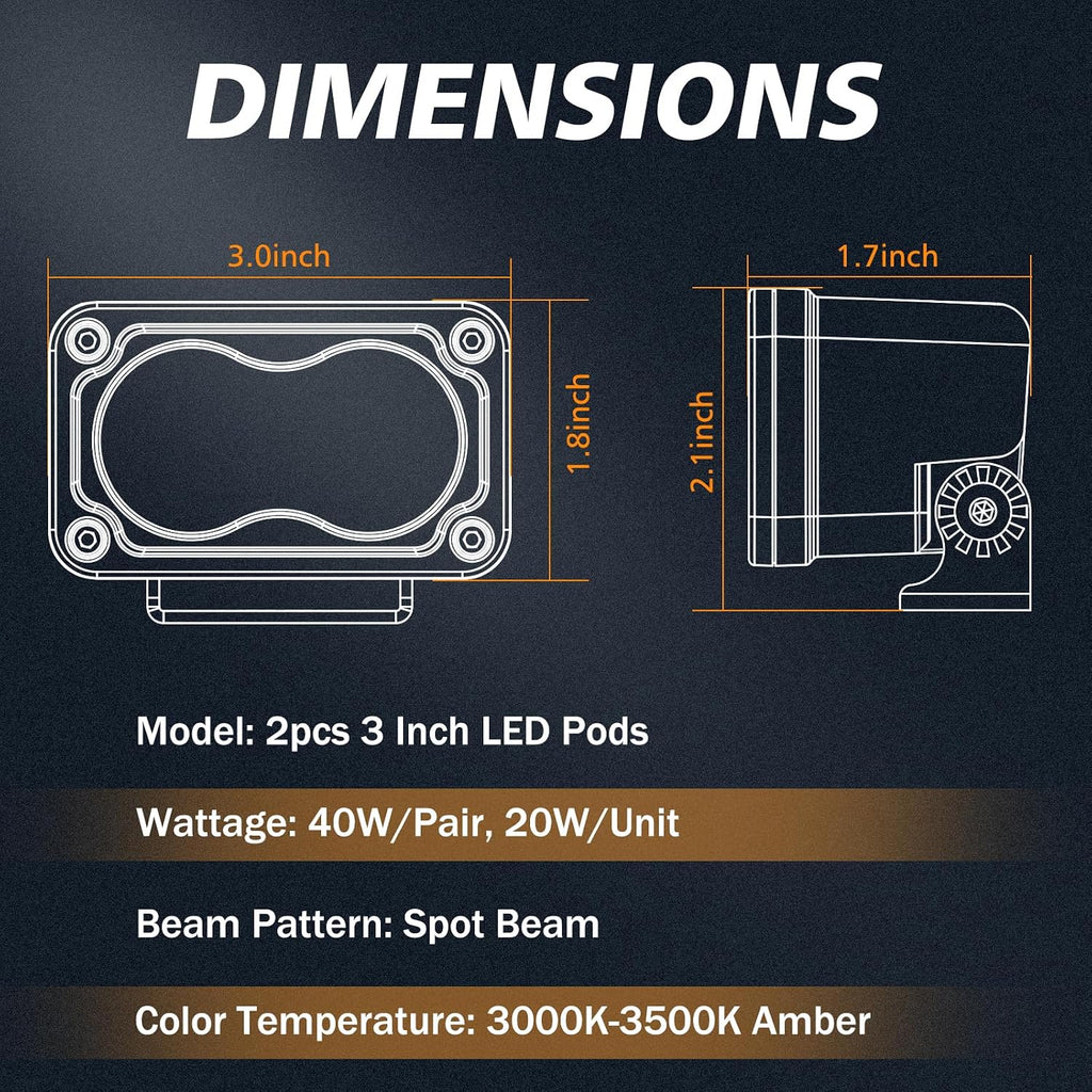 Amber LED Pods, 3 Inch 40W Driving Light Spot Offroad Ditch Lights Chase Light Small LED Pods Lights Fog Lights for Truck UTV SUV ATV Motorcycle Dirt Bike Boat-2 Packs