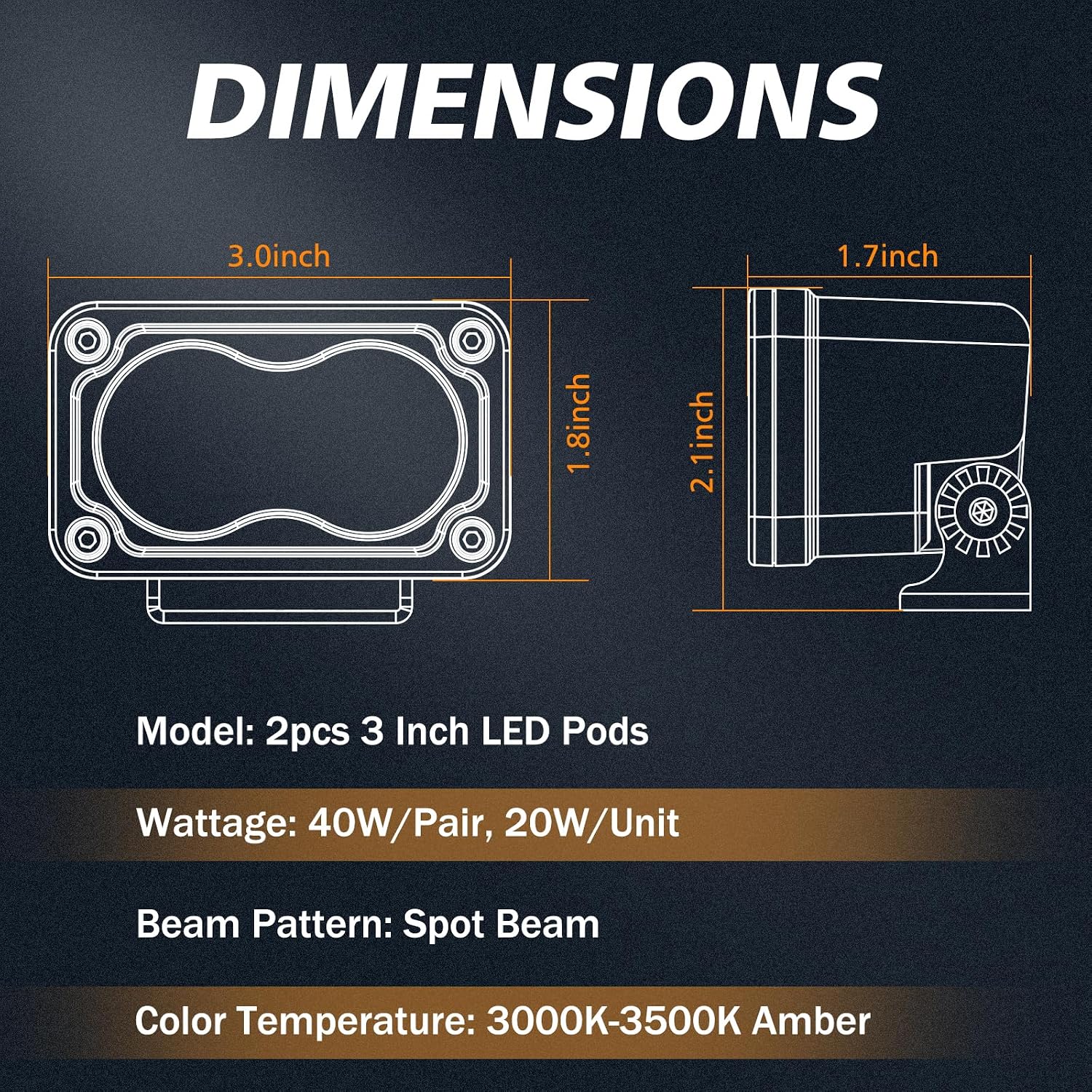 Amber LED Pods, 3 Inch 40W Driving Light Spot Offroad Ditch Lights Chase Light Small LED Pods Lights Fog Lights for Truck UTV SUV ATV Motorcycle Dirt Bike Boat-2 Packs