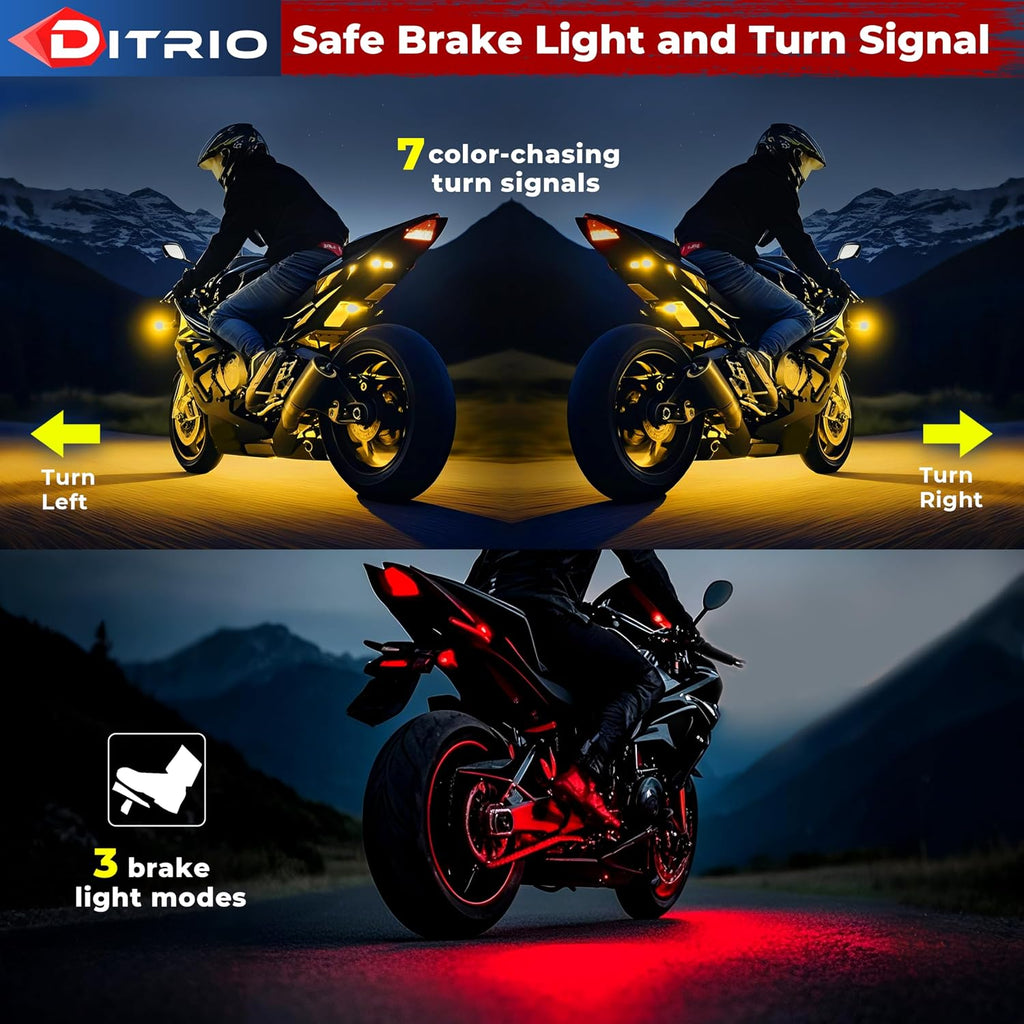 12PCS 5 Sides Full Angle RGB Motorcycle LED Underglow Kit with APP and 2 Remote Control,Brake Light Bright Waterproof Music Mode Easy Install Underglow Lights, Fit for Most Motorcycles Scooter