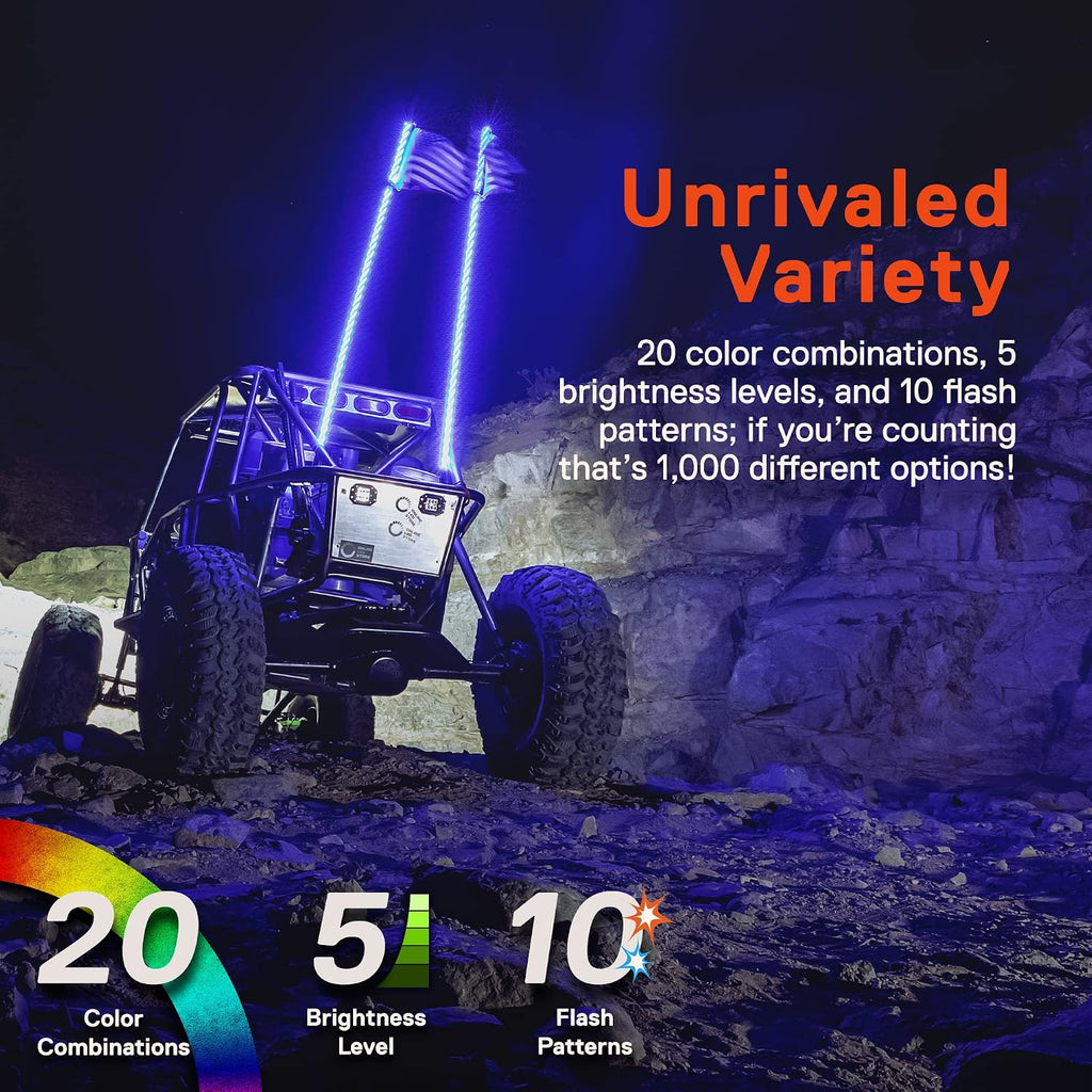 True Mods 2pc 1ft Spiral RGB LED Whip Light for UTV ATV [RF Wireless Remote] Waterproof LED Lighted Whip CB Antenna Pole Stick for RZR Can-Am Polaris SxS 4x4 Quad Dune Buggy 4 Wheeler Accessories