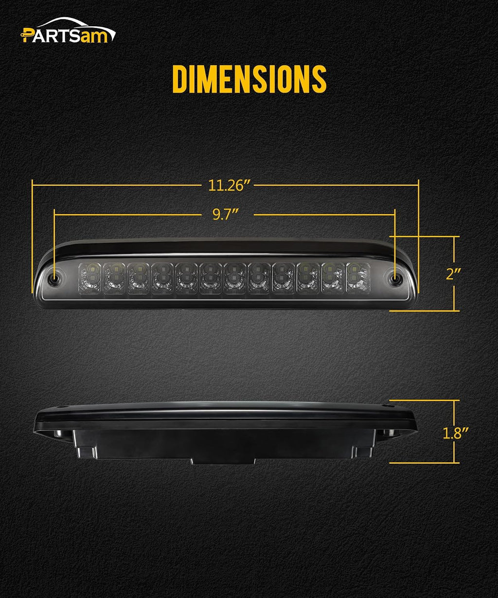 Partsam Red/White 12 LED Smoke Lens Chrome Housing Tail High Mount 3rd Third Brake Light Cargo Lamp Waterproof Replacement for Ford F-250 F-350 F-450 F-550 Super Duty 1999-2016 /Ford Ranger 1993-2011