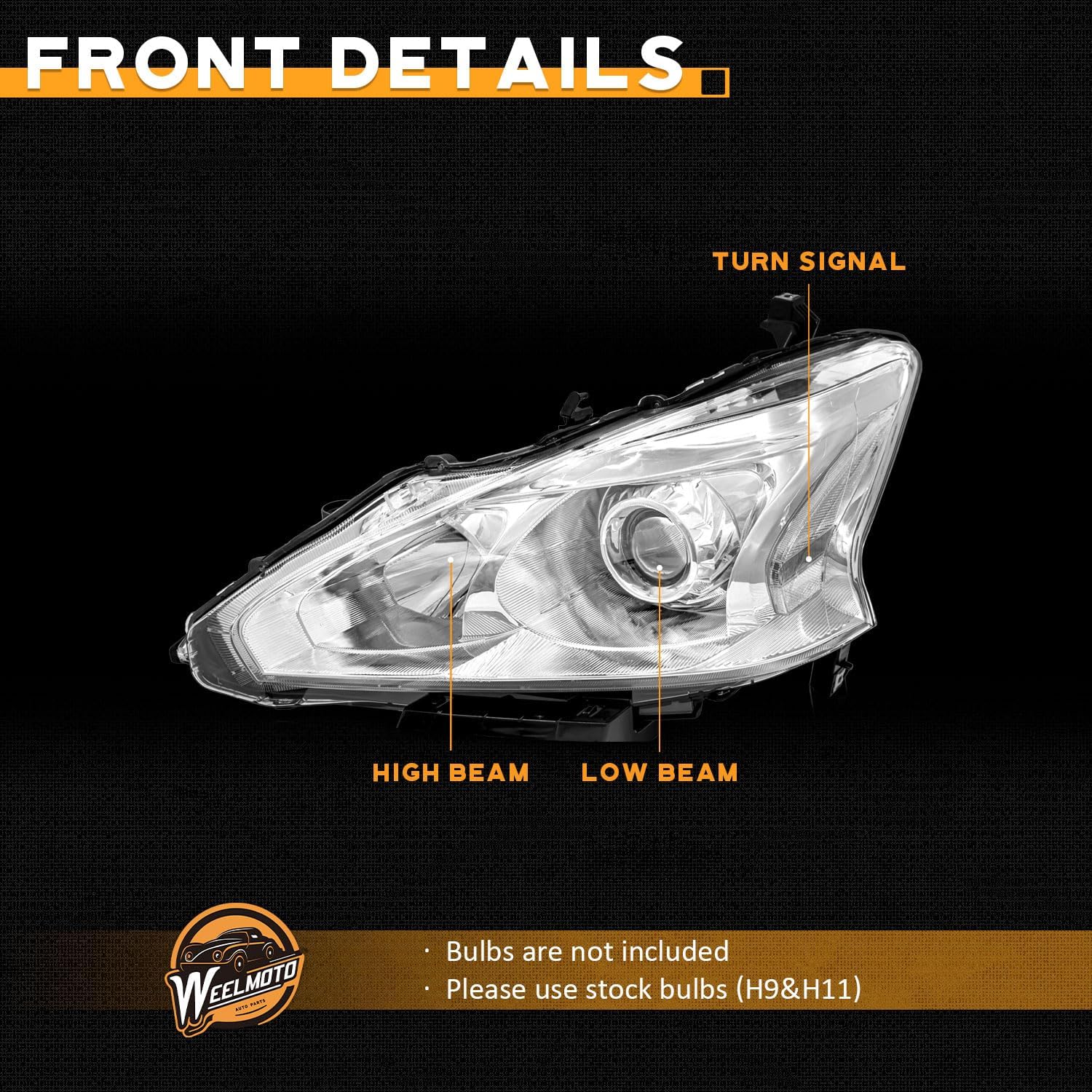 WEELMOTO Halogen Headlights for 2013-2015 Altima 4Dr Sedan Headlight Assembly Pair Replacement for 13 14 15 Altima Chrome Housing Clear Reflector (DOES NOT FIT XENON/HID)