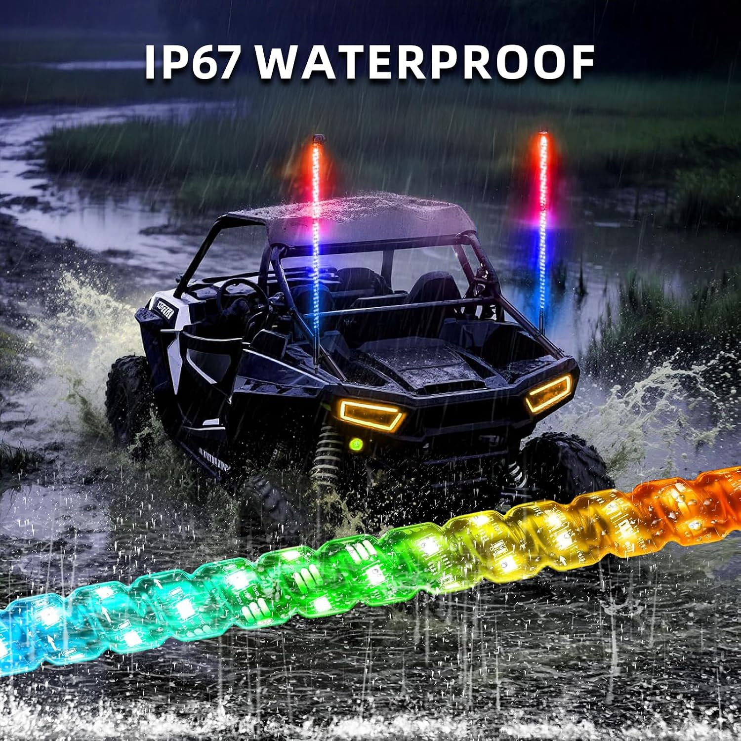 2pc 4ft Spiral RGB LED Whip Lights for UTV, LED Whips for SXS ATV Boat Offroad, RF Remote Control Compatible with Polaris RZR Can-Am Maverick X3 Sportsman Outlander