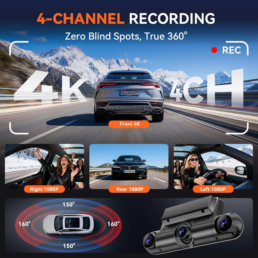 4K 360° Dash Cam, 4-Channel Front Rear Left Right, WiFi GPS 128GB