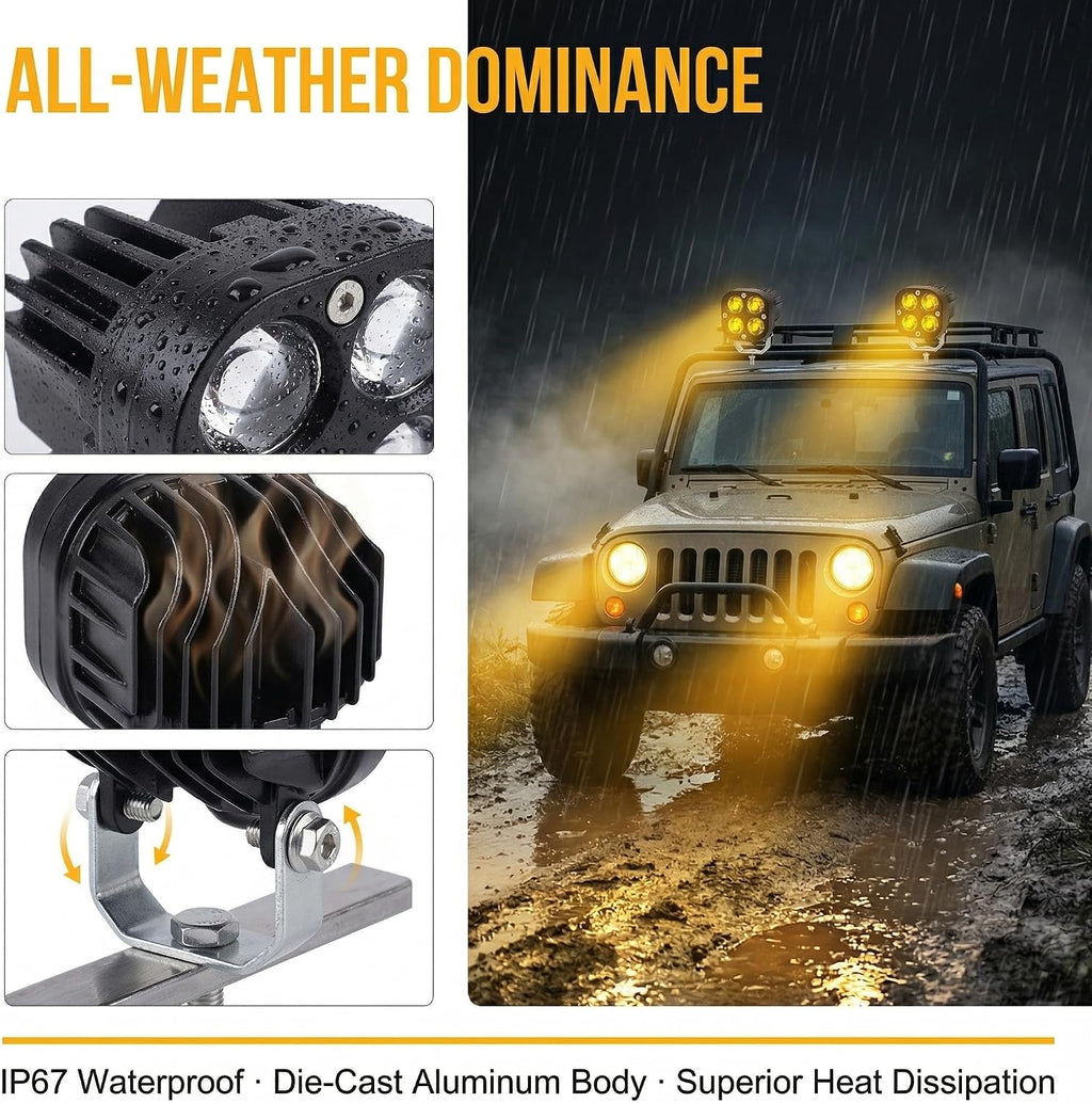 LED Motorcycle Lights,3 Inch 28W Super Bright 4 LED Pods Spotlights with Yellow+White Dual Light Colors, 12-80V Waterproof Driving Fog Lights for Motorcycle, ATV, UTV, Off-Road Vehicles 2 Pack
