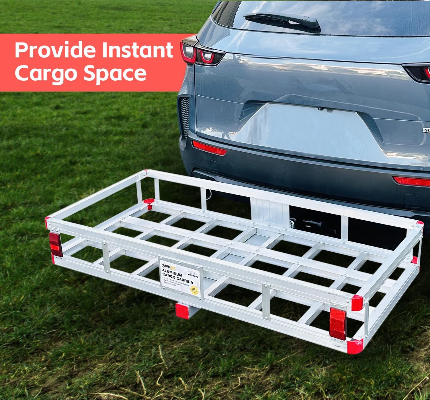 MaxxHaul Aluminum Cargo Carrier 500 lb. Capacity with 2" Hitch Receiver Adapter for RV Bumper 200 lb. Capacity