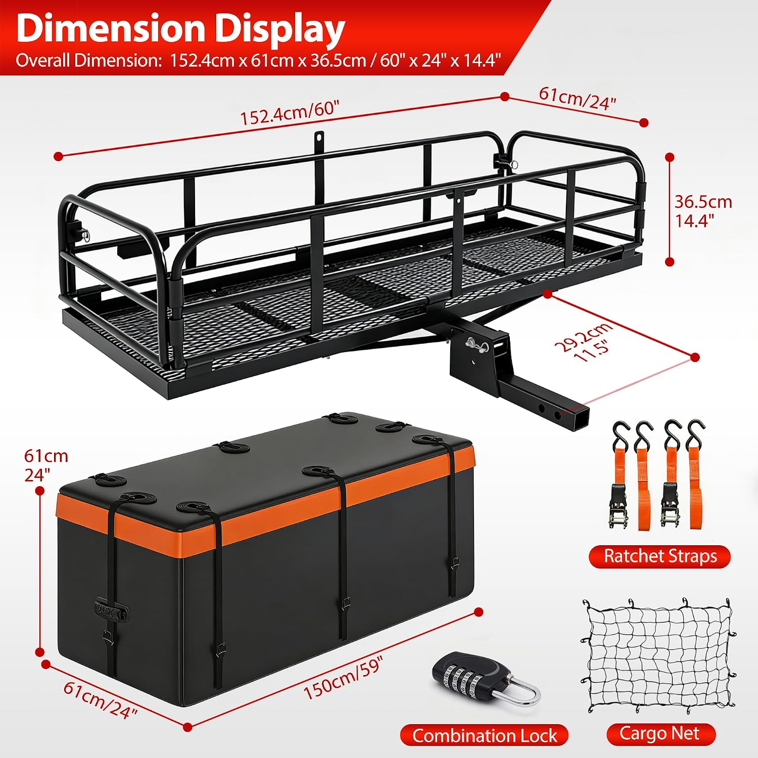 500 LBS Folding Hitch Cargo Carrier Basket 60" X 24" X 14.4"+ Waterproof Bag (59" 24" 24"), Heavy Duty Cargo Rack Rear Luggage Basket Fits 2" Receiver for Car SUV Camping Traveling