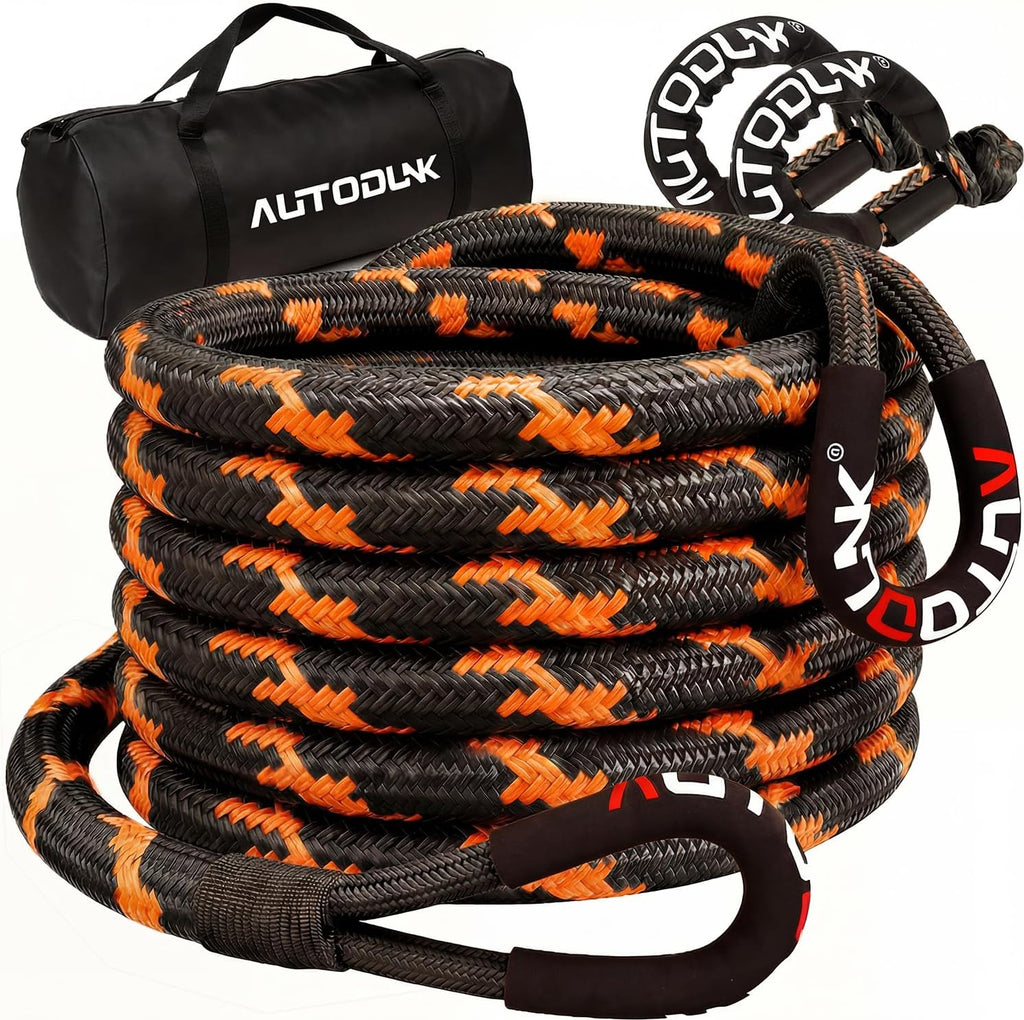 1-1/8" x 30' Kinetic Recovery Tow Rope (48,600lbs), with 2 Soft Shackles Offroad Recovery Kit for 4WD Pick Up Truck, SUV, ATV, UTV (Black&Orange)