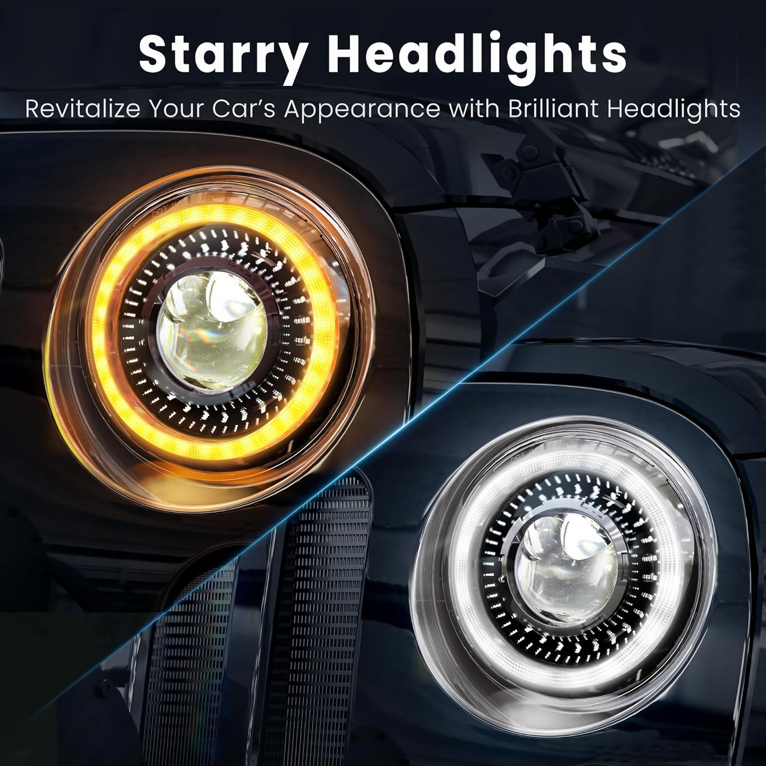 HWSTAR New 1000% Bright Anti-glare 7 Inch Led Headlights Round Compatible with Jeep Wrangler JK JKU TJ LJ Chevy Ford GMC etc w/Starry DRL Start-up Gradient Halo Turn Signal H6024 DOT Hi/Lo Sealed Beam