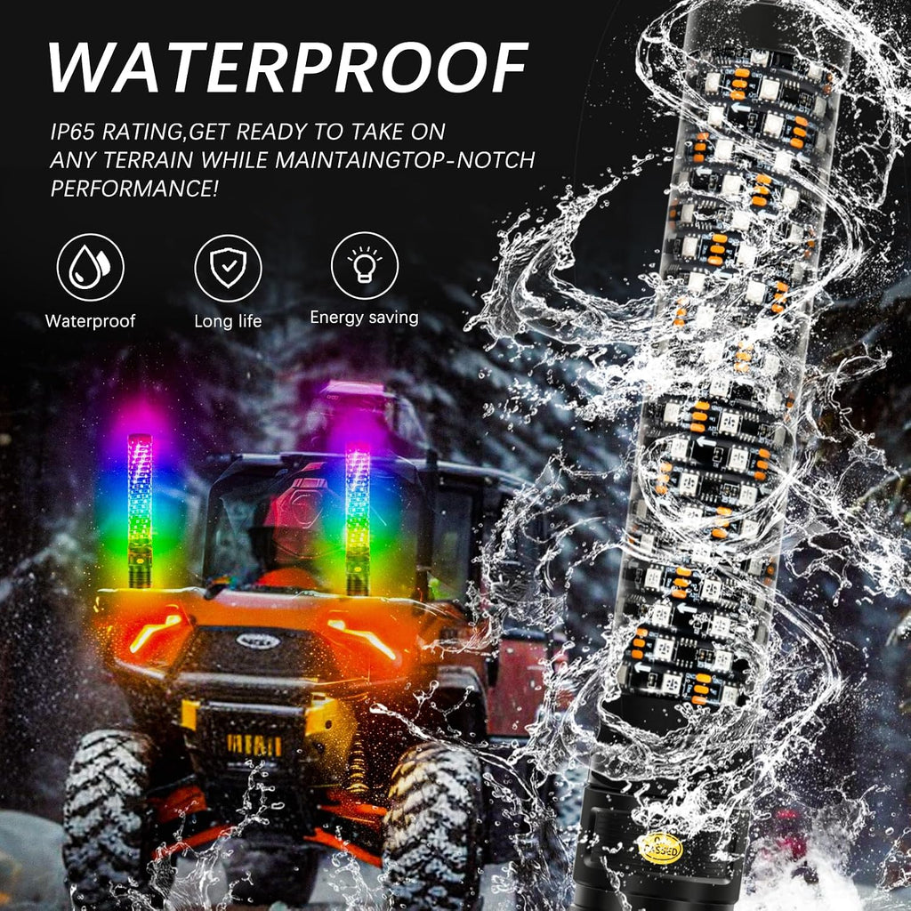DREAMOTOR Whip Lights, 2Pcs 1FT Fat Whip Lights for Side by Side with Wireless Remote and APP Control, LED Spiral RGB Chasing Lighted Antenna Whips for UTV ATV Truck Polaris Dune Buggy RZR Can-Am
