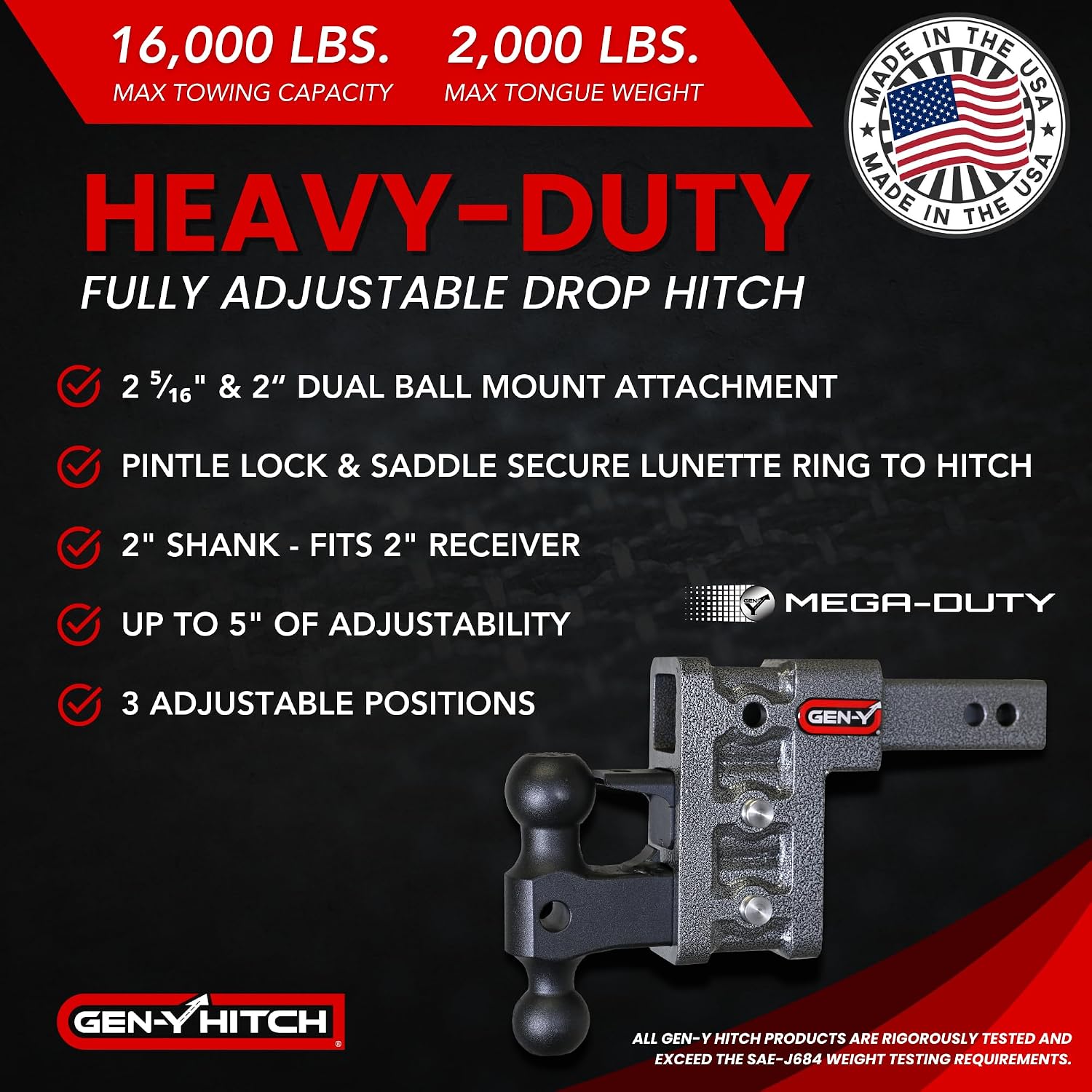 GEN-Y Hitch Tow Hitch for 2" Receiver - 5" Drop/Rise with 3 Adjustable Positions, Includes Dual Ball Mount, Pintle Lock and 2 Locking Pins, 16,000 lbs Towing Capacity, 2,000 lbs Tongue Weight