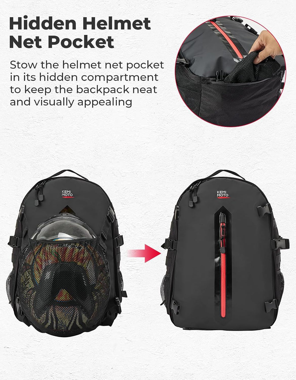 KEMIMOTO Motorcycle Helmet Backpack, 20L Storage Bag with Expandable Hidden Net for Full Face Helmet, Riding & Daily Commute Gift for Men