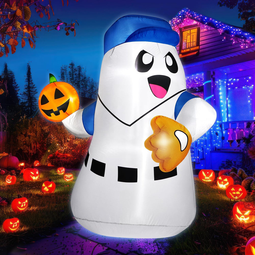 5FT Halloween Inflatables Ghost Pitcher with Pumpkin Baseball, Halloween Deco...