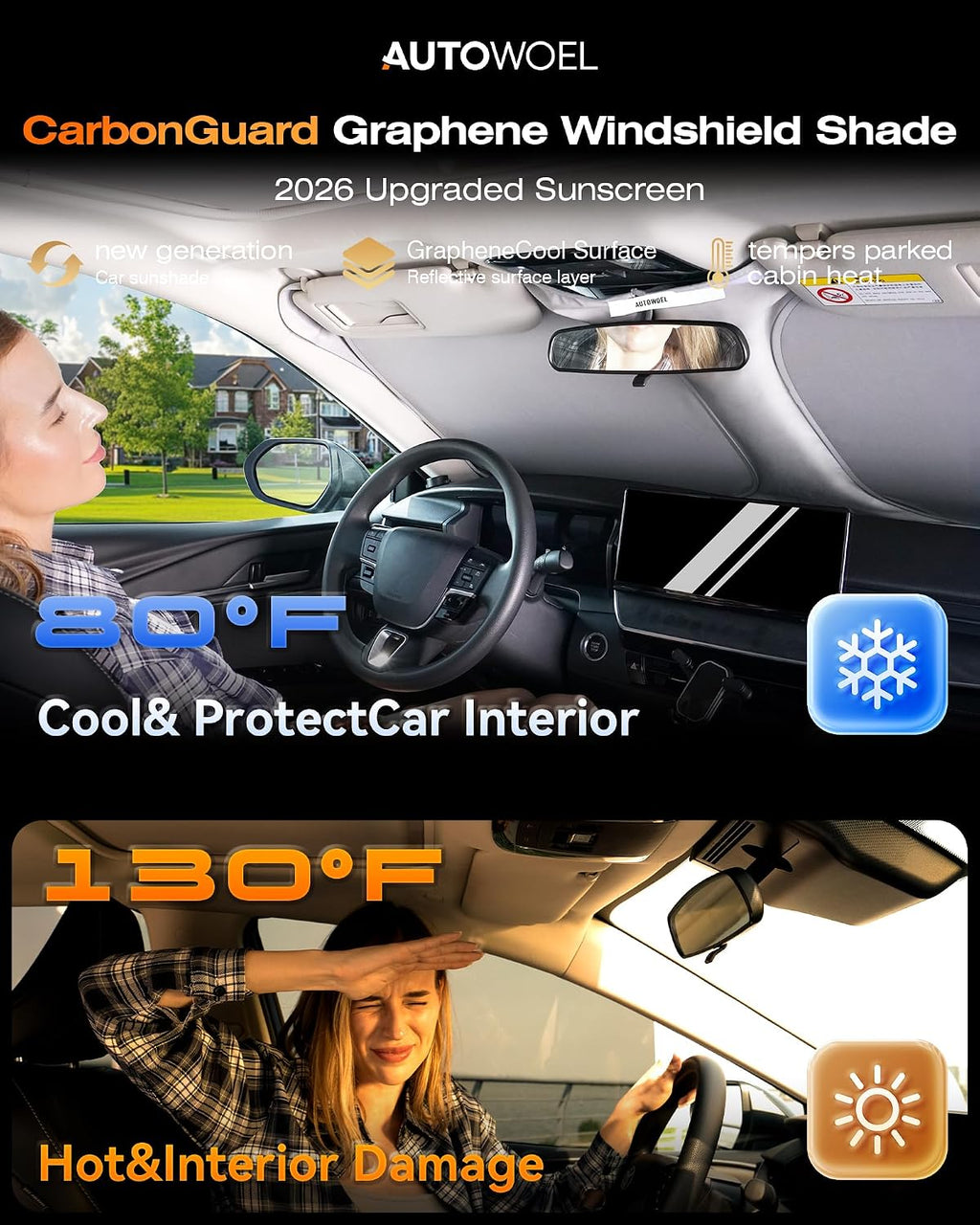 Windshield Sun Shade, Graphene & Activated Carbon Multi-Layer Front Windshield Sunshade, UV Blocking, Odor Absorbing, Foldable Car Sun Shade with Storage Bag (Medium 64"*32")