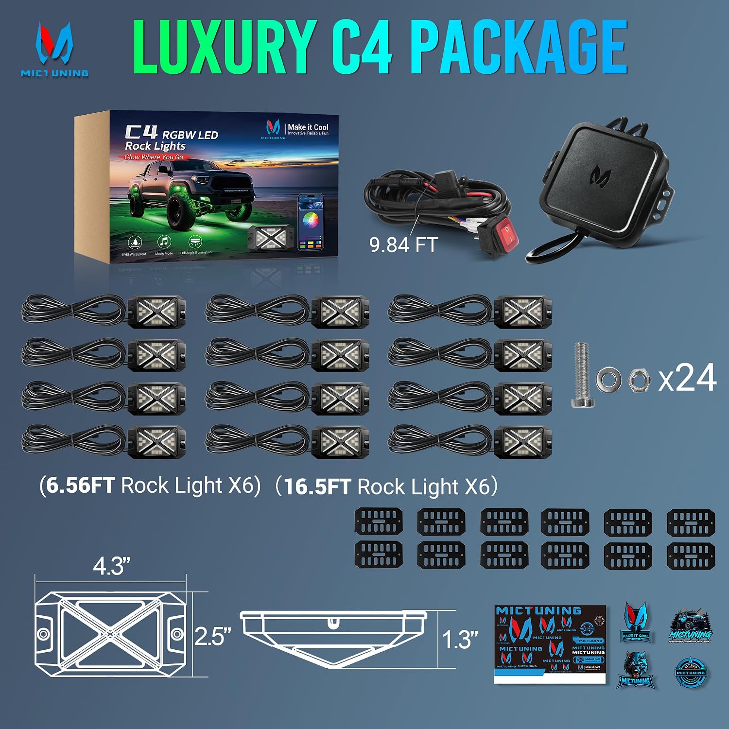 MICTUNING C4 RGBW Rock Lights Kit, 12 Pods 360° Ultra-Bright 4-Sided Wide Beam Angle Underglow Neon Accent Lighting Kit, Microphone Sync with APP Control, IP68 Waterproof