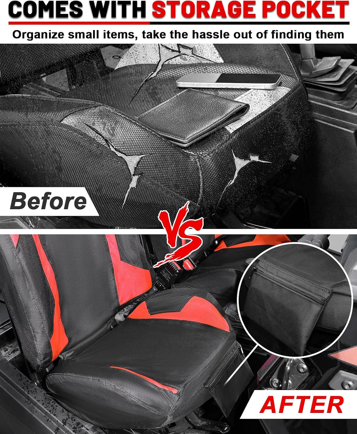 StarknightMT RZR Seat Cover with Pocket Water-Resistant Compatible with Polaris RZR (2014-2023 XP 1000/4, 2018-2022 RS1, 2017-2021 RZRXP Turbo/4), 1680D Cushion Protection, 2-4 Seater, Black & Red