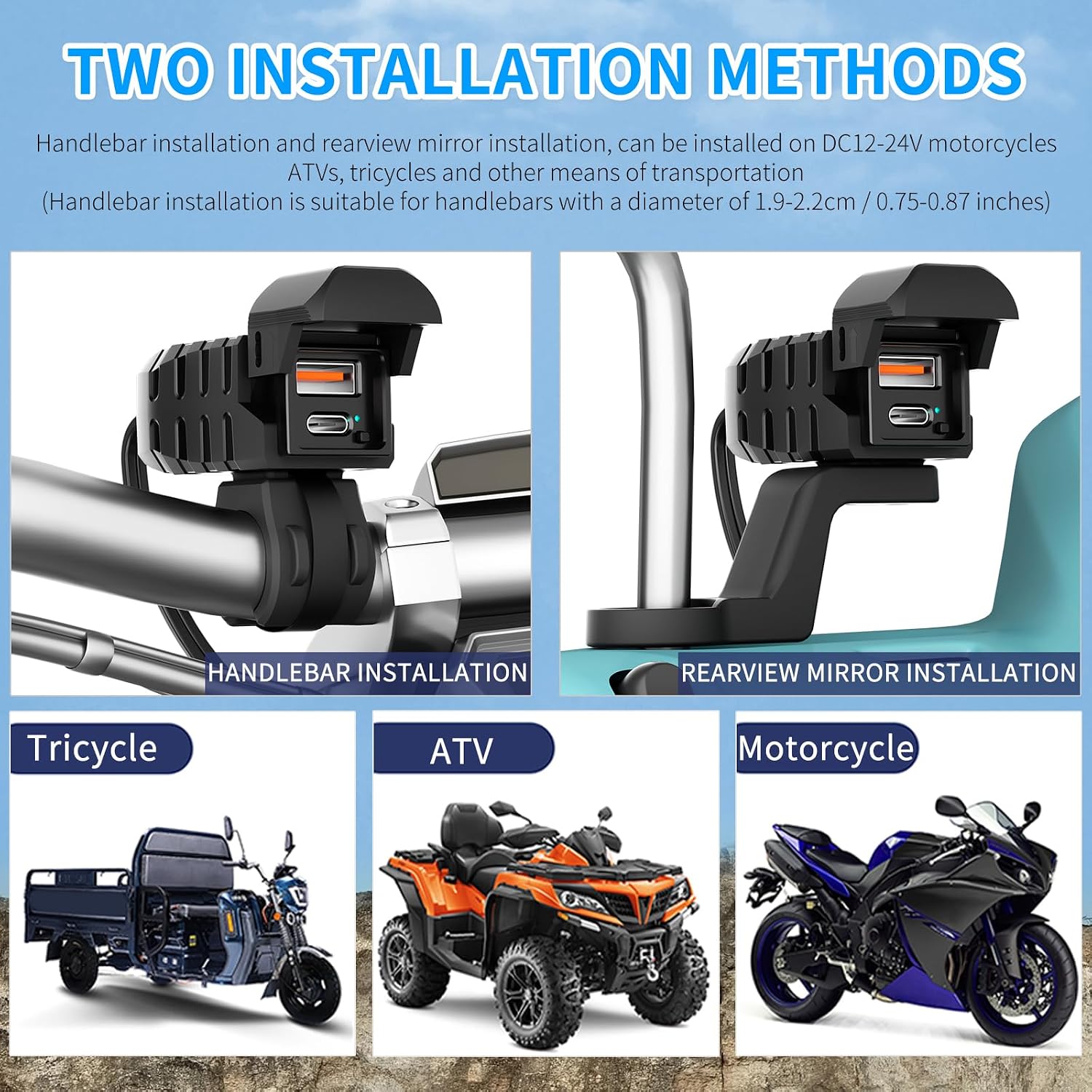 Motorcycle USB Charger, Dual USB Type C 30W PD & QC 3.0 Motorcycle Phone Charger with Voltmeter & ON/Off Switch, Waterproof ATV/Motorcycle/Dirt Bike Charger for Phone, Tablet, GPS...