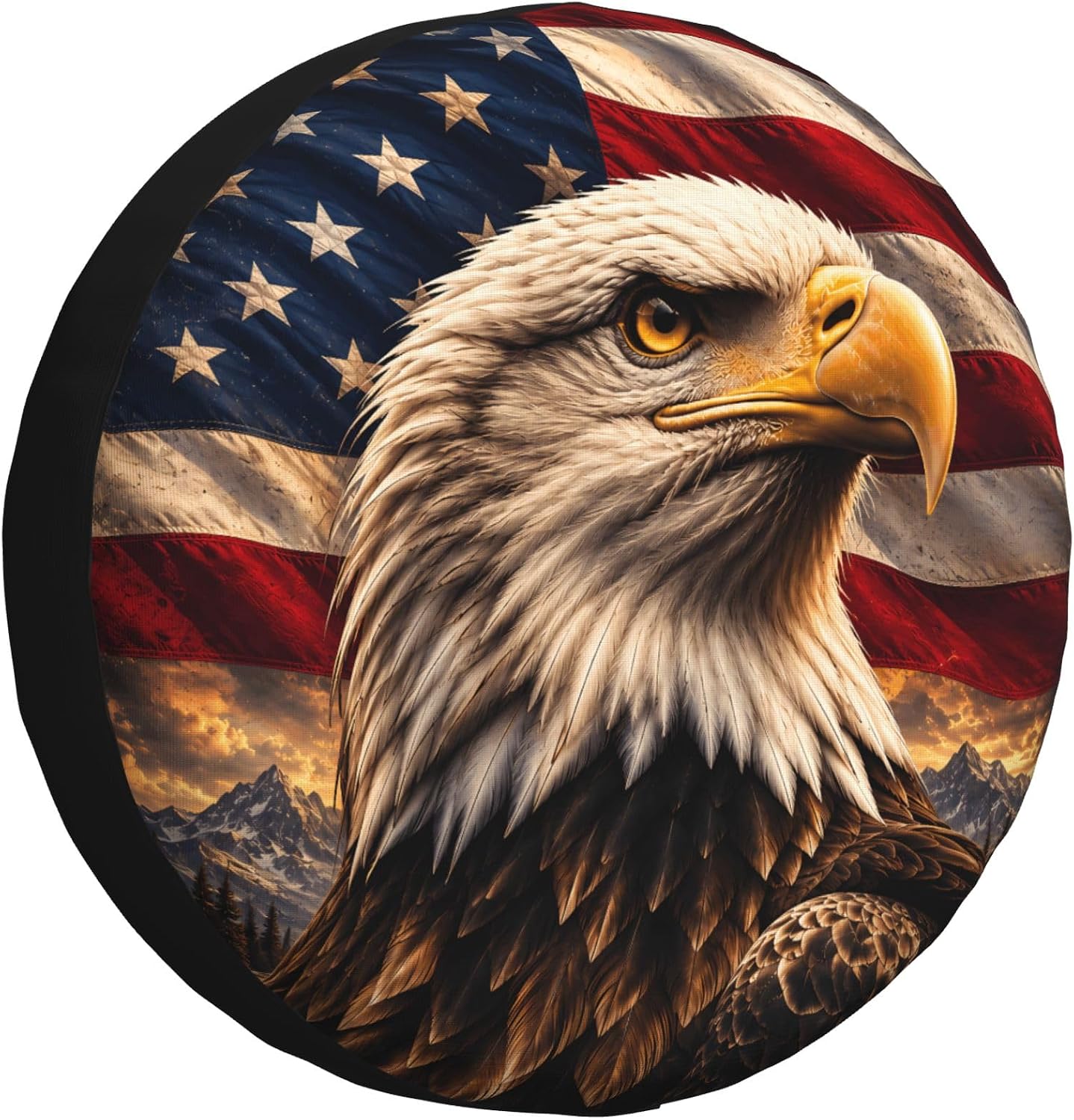 Bald Eagle Spare Tire Cover for SUVs RVs Trailers Campers Trucks, Universal Spare Wheel Cover, American Flag Patriotic Tire Cover for Outdoor Spare Tire Protection (14 inch for Diameter 23"-27")