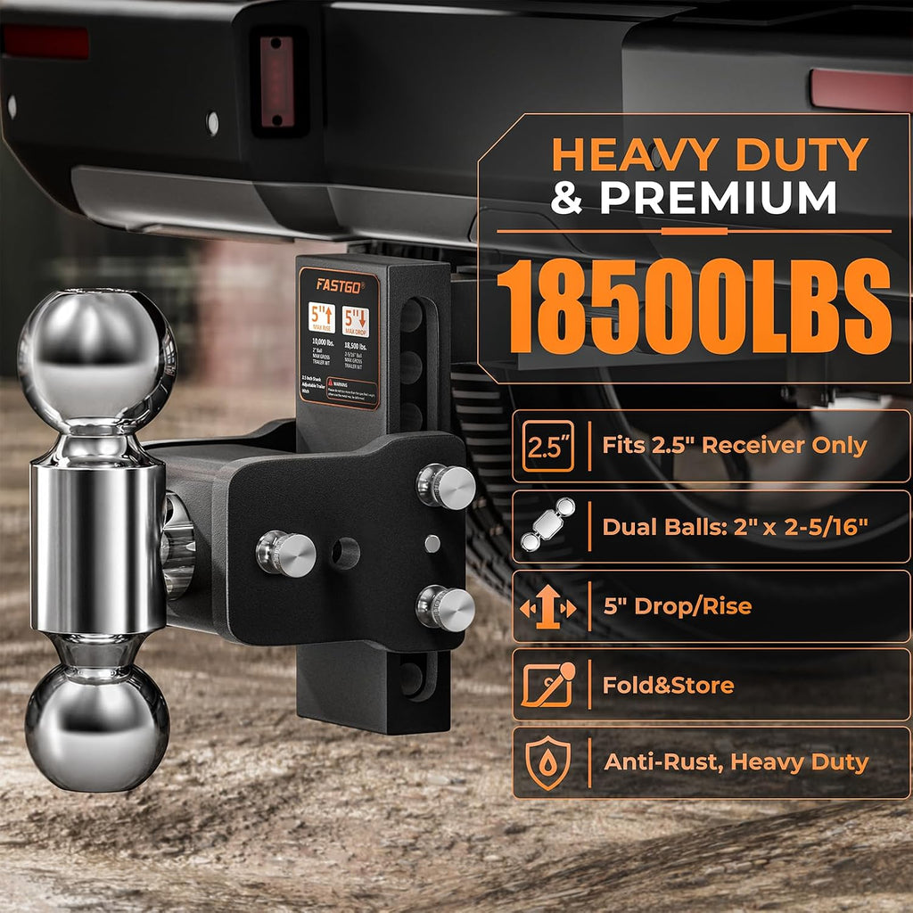 Fastgo Trailer Hitches - Fits 2.5" Receiver, Adjustable Trailer Hitch Ball Mount, Dual Ball (2" x 2-5/16") Tow Hitch, Drop Hitch, Truck Hitch, Anti-Theft, 5" Drop/Rise, 18500GTW