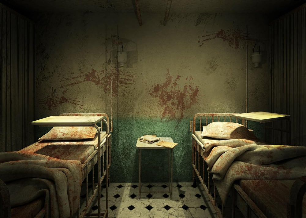 Creepy Hospital Ward Room Backdrop Fabric 10x8ft Horror Bloody Walls Blood Be...