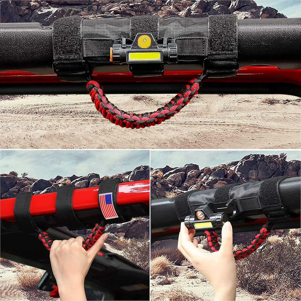 GAIZON 2 Pack Grab Handles Roll Bar Paracord for Jeep Wrangler Accessories Sahara Freedom Rubicon CJ YJ TJ JL JK LJ JLU JKU,Gladiator JT 1955-2023 Interior Accessory,Grip Handle with LED Light(Red)