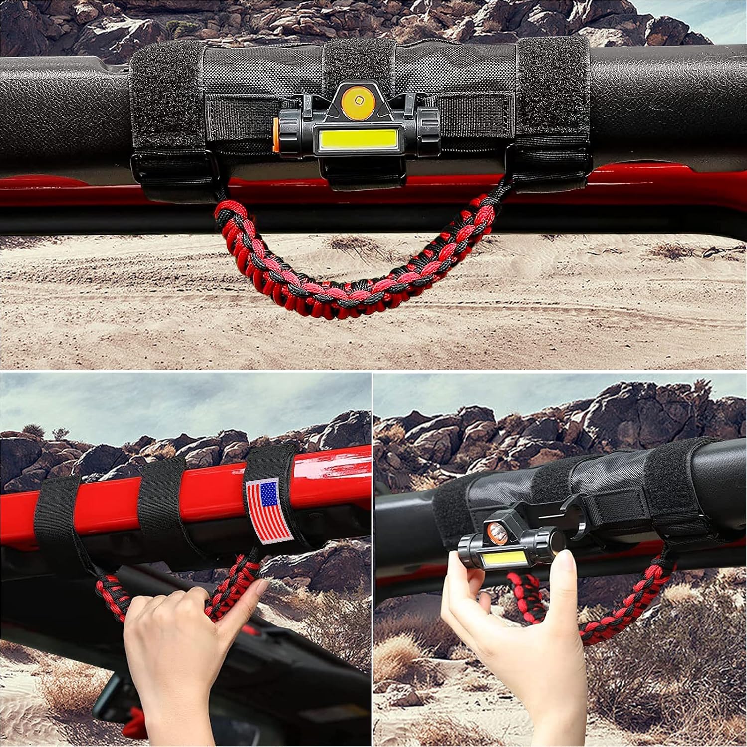 GAIZON 2 Pack Grab Handles Roll Bar Paracord for Jeep Wrangler Accessories Sahara Freedom Rubicon CJ YJ TJ JL JK LJ JLU JKU,Gladiator JT 1955-2023 Interior Accessory,Grip Handle with LED Light(Red)