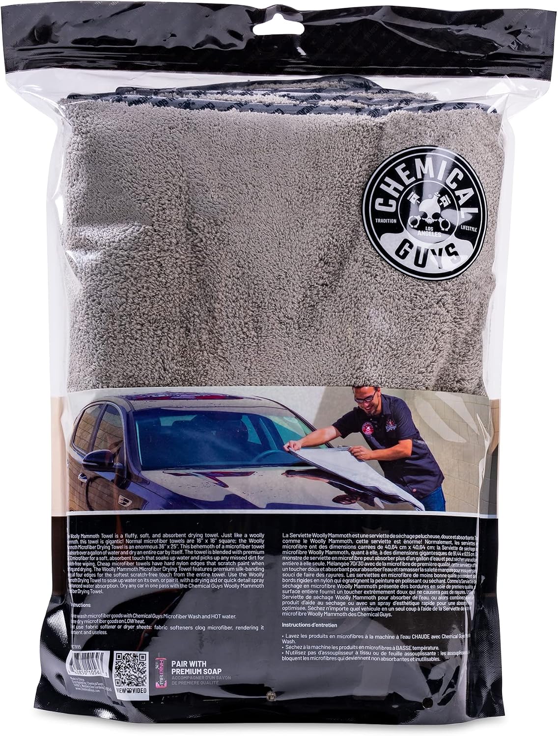 Chemical Guys Woolly Mammoth Large Microfiber Drying Towel - 36 x 25 Inch Gray, Ultra Plush Super Absorbent Car Drying Towel for Cars, Trucks, SUVs, Motorcycles, RVs, and Auto Detailing