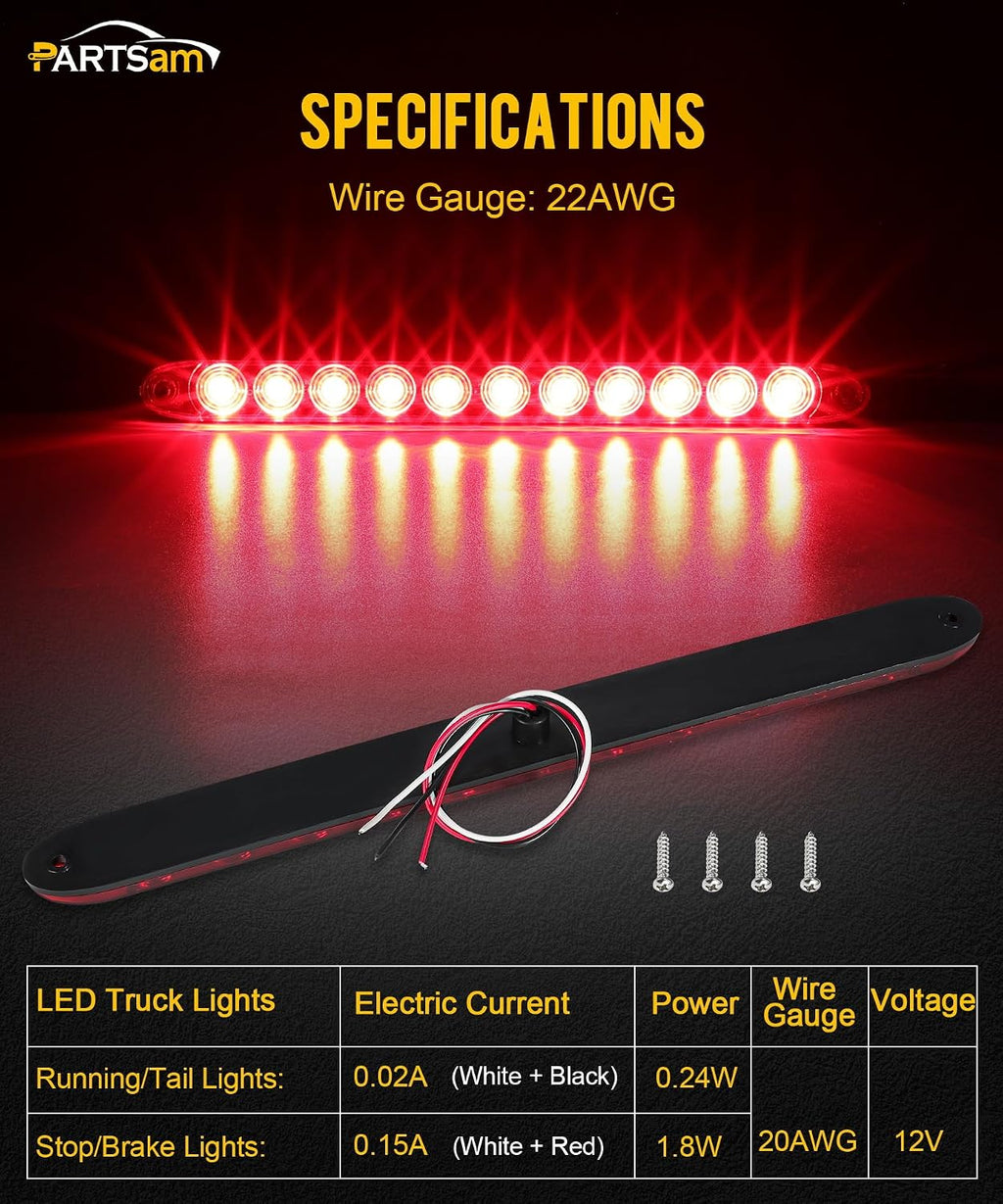Partsam 10Pcs Red 15 Inch 11 LED Trailer Tail Light Bar Sealed Stop Turn Tail Park Third 3rd Brake Light Bar Trailer Center Light Bar for 80" or Wider Trailers DOT Certified and IP67 Submersible