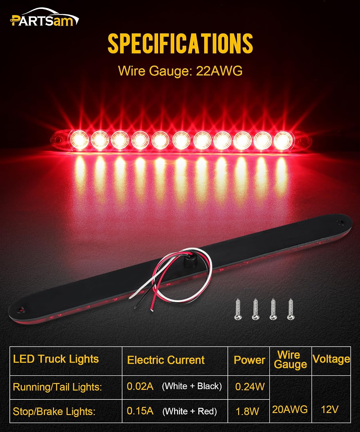 Partsam 10Pcs Red 15 Inch 11 LED Trailer Tail Light Bar Sealed Stop Turn Tail Park Third 3rd Brake Light Bar Trailer Center Light Bar for 80" or Wider Trailers DOT Certified and IP67 Submersible