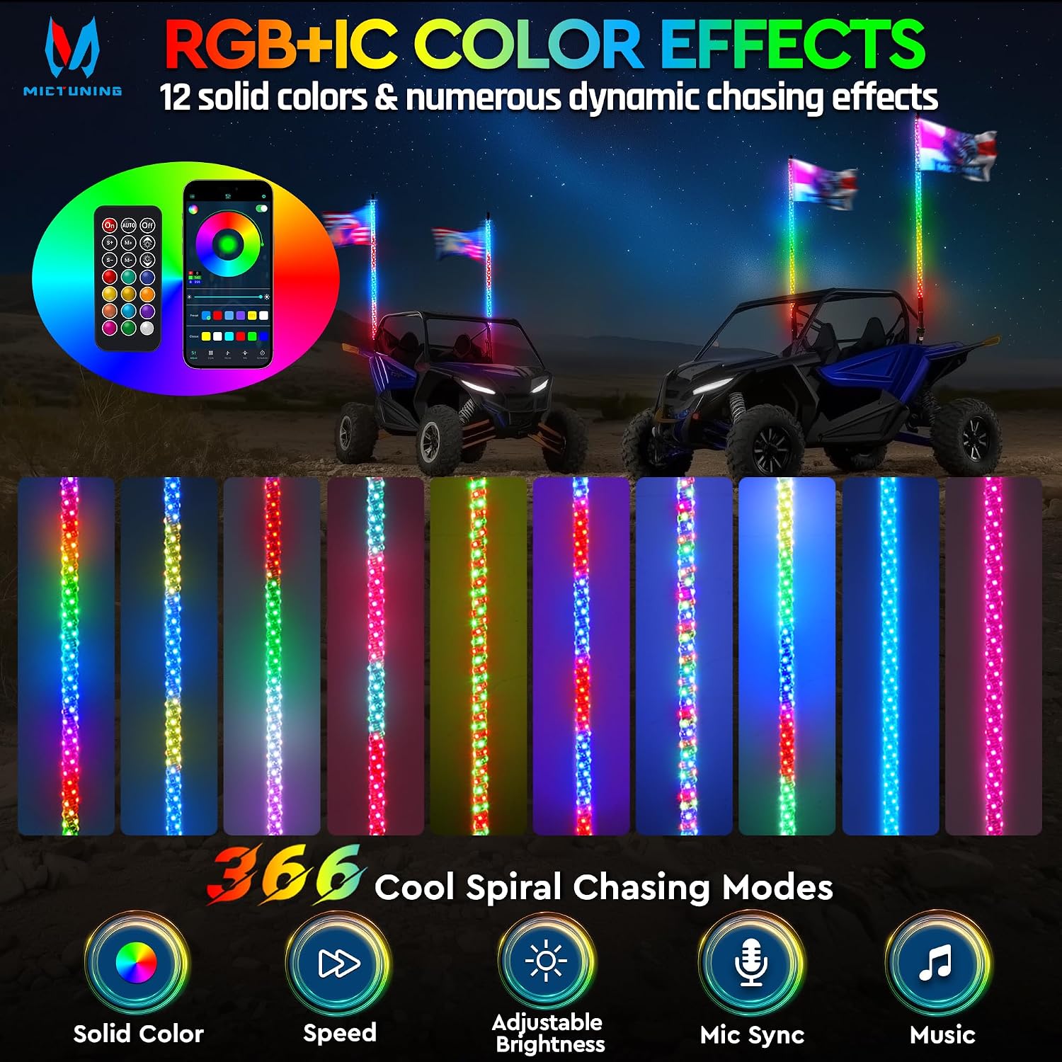 MICTUNING 2pc 4ft Spiral LED Whip Lights with 8 Flags, RF Remote & App Control, RGB Chasing Lighted Whips with Rocker Switch, Music Synced Whip Light for UTV ATV Polaris RZR Can-Am