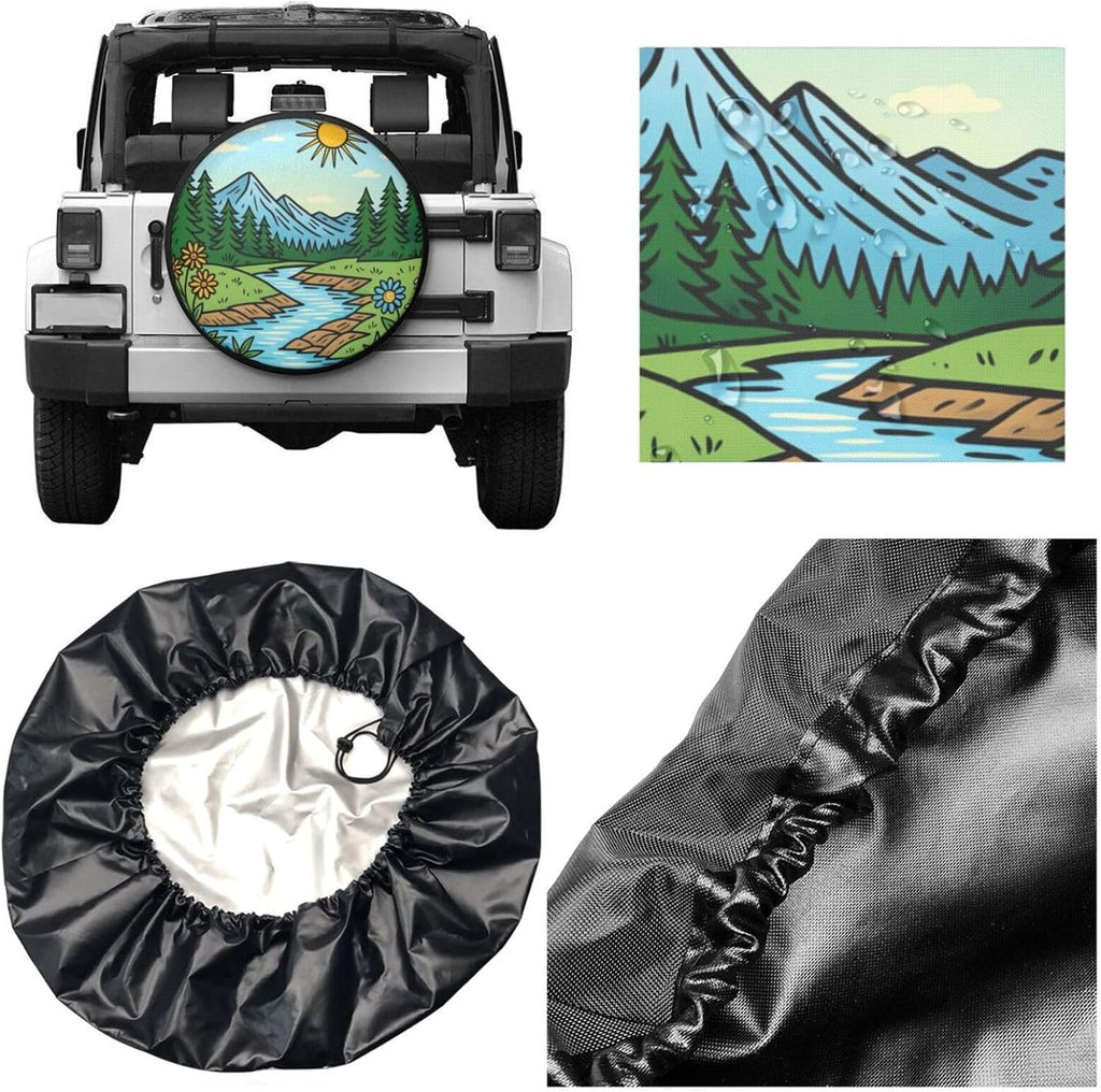 Scenic Mountain River Views Spare Tire Cover Universal for Rv Suvs Trucks Camper Travel Trailers, Funny Waterproof Polyester Wheel Protector Covers,15 inch