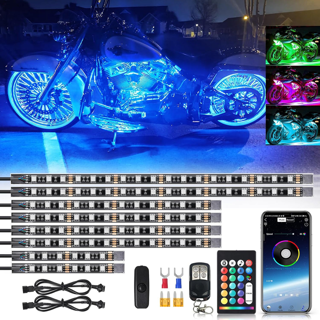 8PCS Segmented Motorcycle RGB LED Light Kits with Brake Turn Signal, Underglow Lights with APP/Dual Remote, Multicolor 12v Waterproof Underbody Neon Strips Lights for Harley Honda Kawasaki