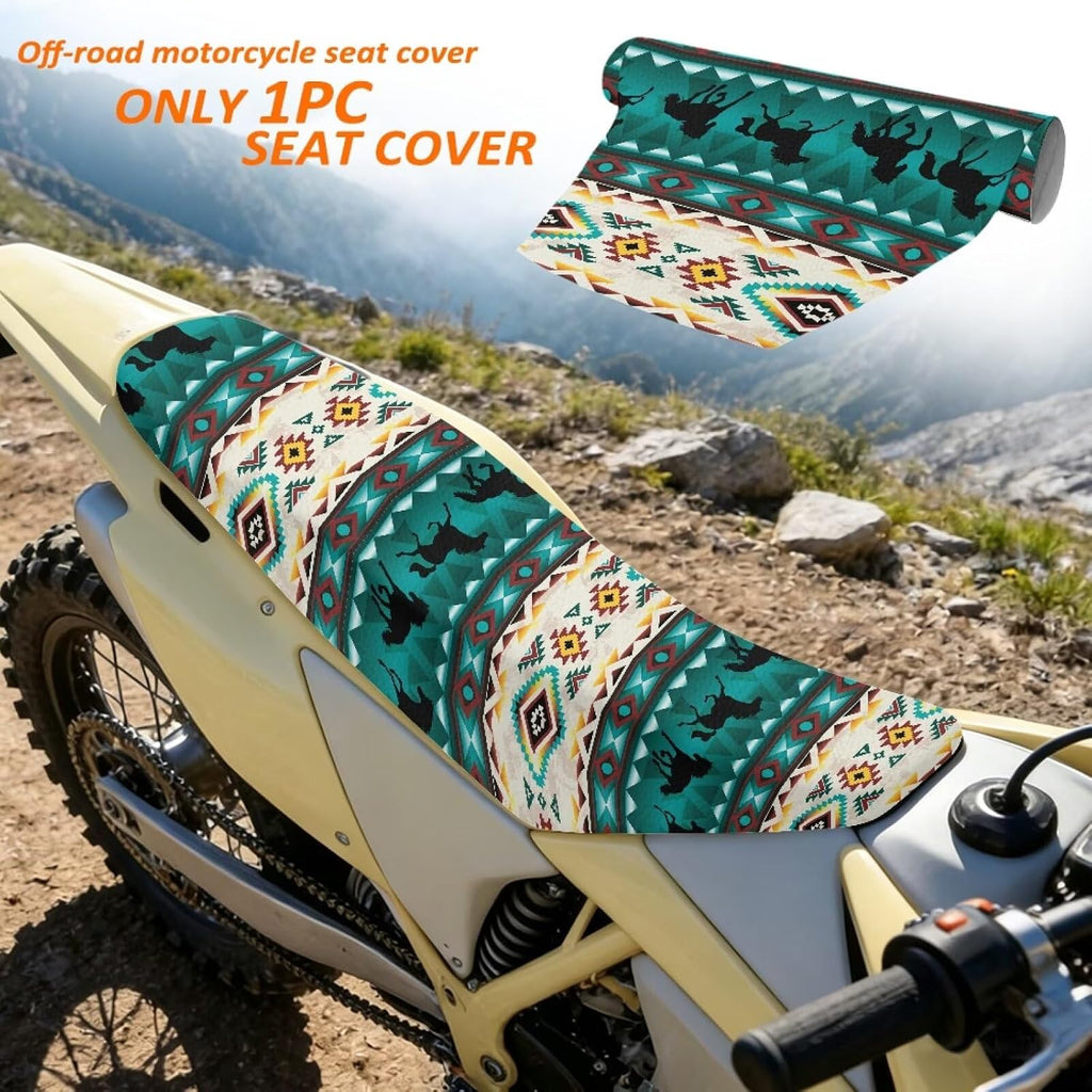 Pensura Aztec Horse Western Seat Cover for Dirt Bike Non-Slip Gripper Seat Protection PU Leather Weather Resistant Motocross Enduro Cushion Covers for Off-Road Trail Riding