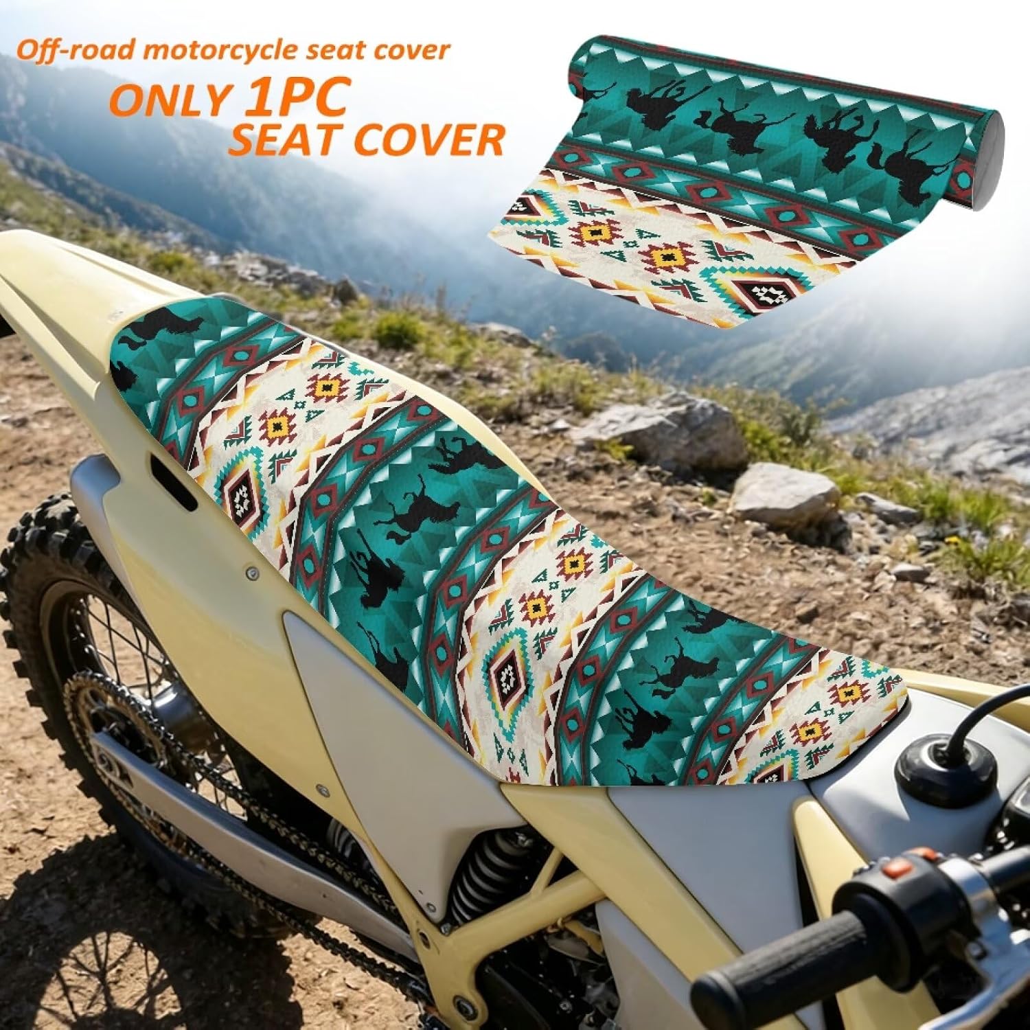 Pensura Aztec Horse Western Seat Cover for Dirt Bike Non-Slip Gripper Seat Protection PU Leather Weather Resistant Motocross Enduro Cushion Covers for Off-Road Trail Riding